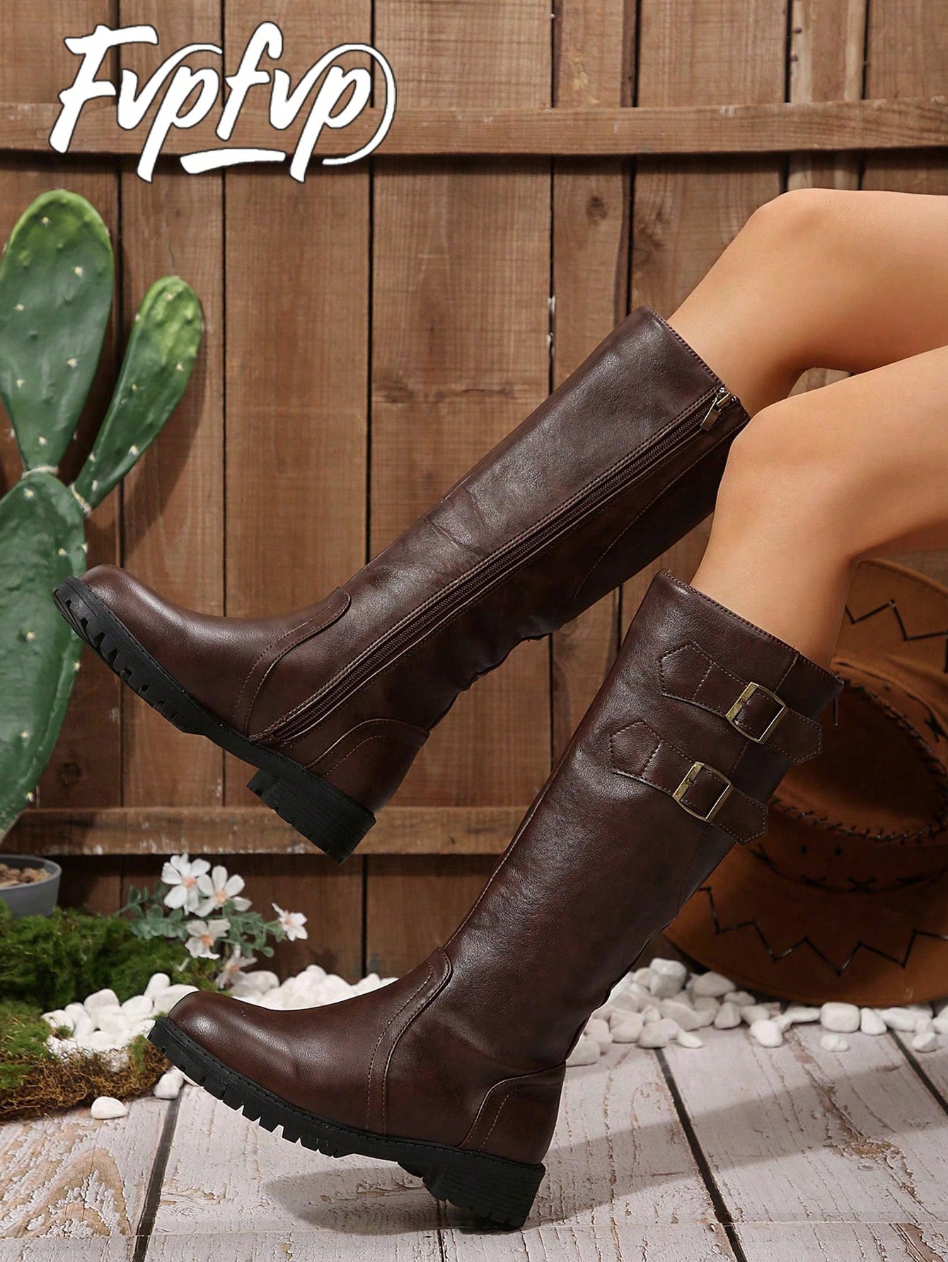 FVPFVP 2024 Bottes équestres noires de mode d'hiver, ornées de boucles, jambes droites,