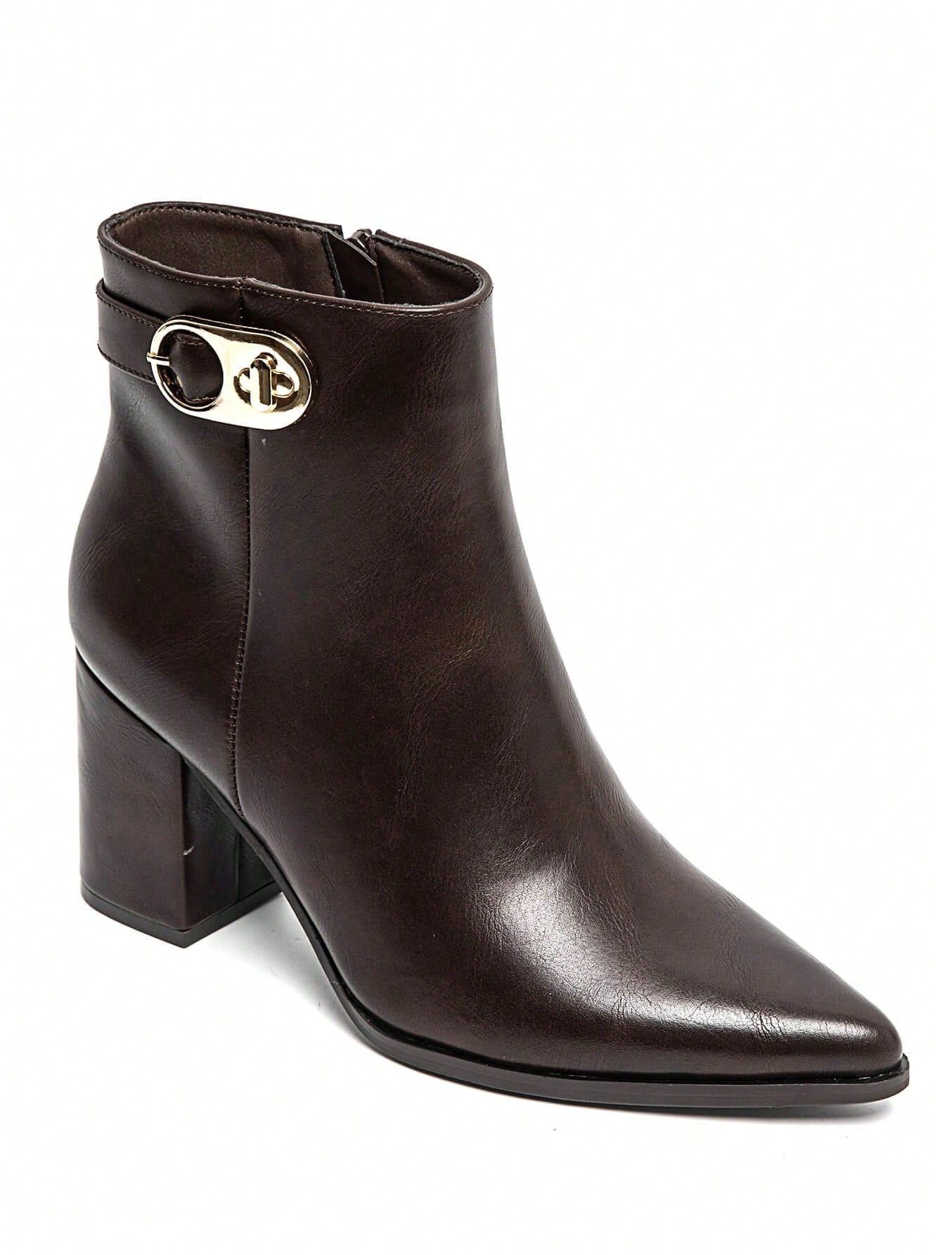 Bottines femme élégantes à talon bloc avec boucle dorée – Noir, Marron, Bordeaux — vue 4