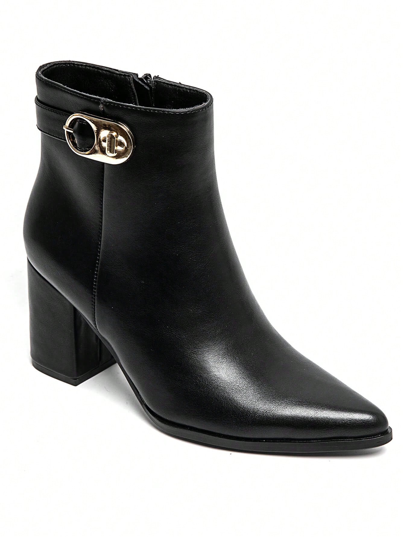 Bottines femme élégantes à talon bloc avec boucle dorée – Noir, Marron, Bordeaux — vue 5