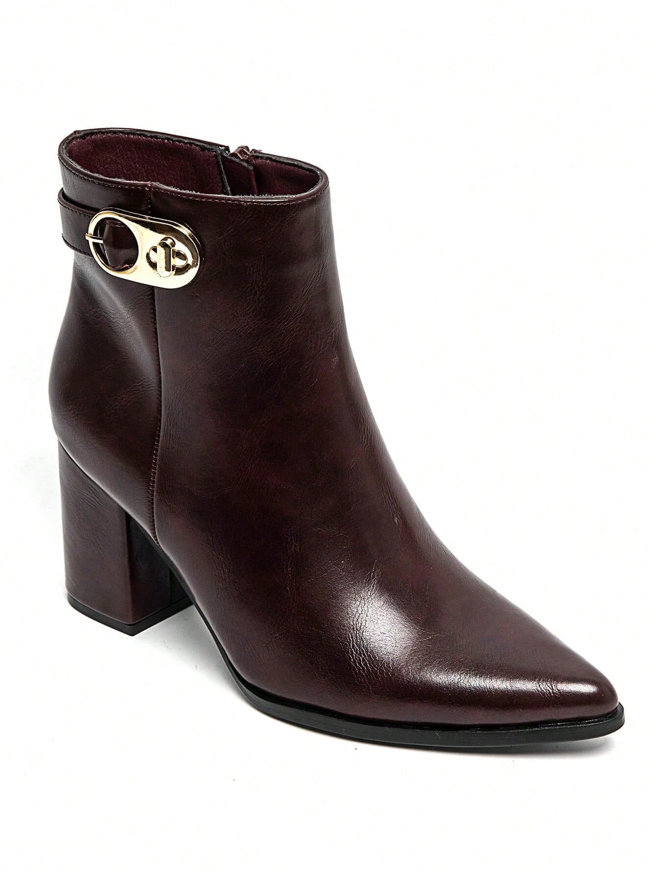 Bottines femme élégantes à talon bloc avec boucle dorée – Noir, Marron, Bordeaux — vue 6