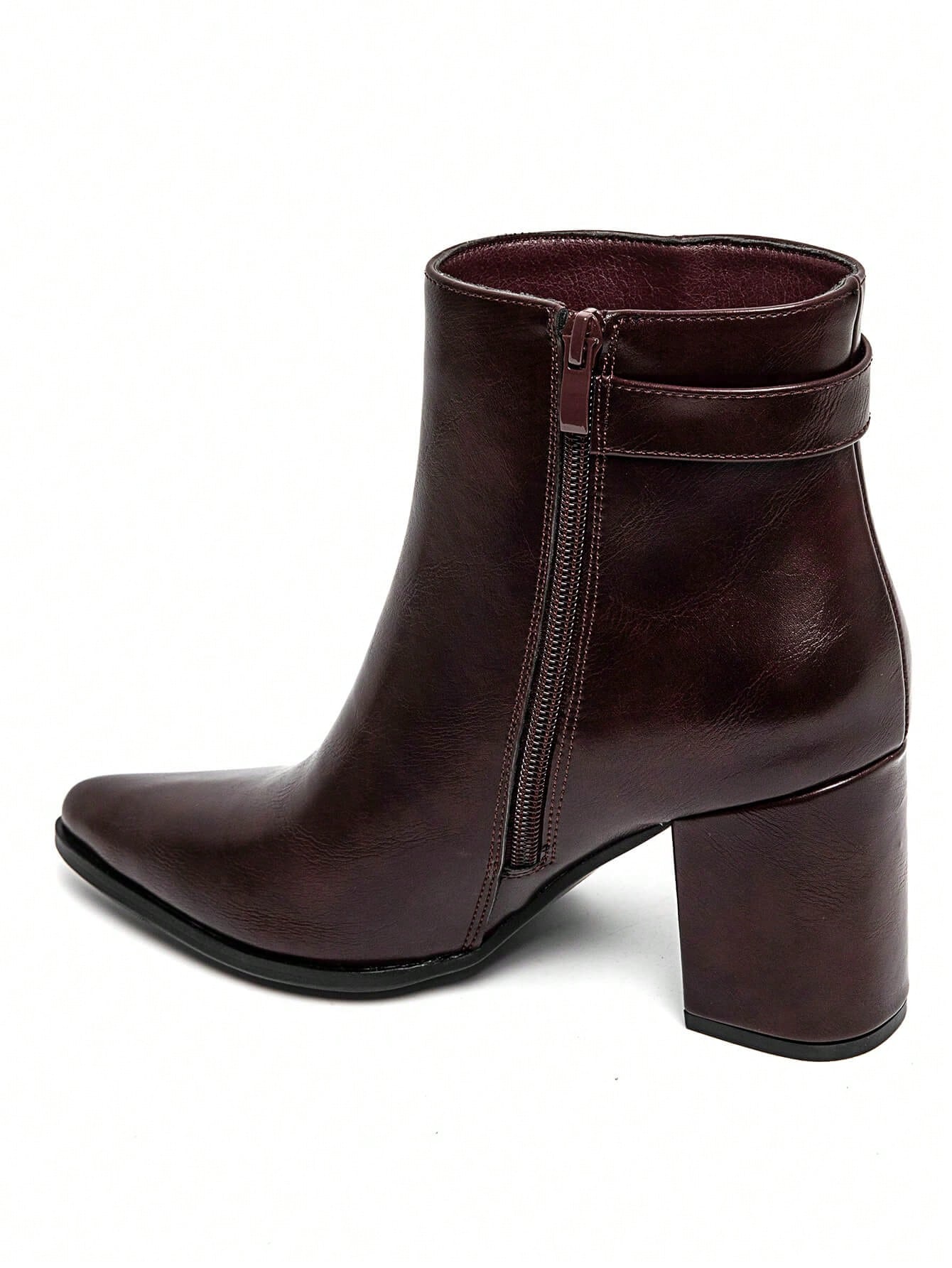 Bottines femme élégantes à talon bloc avec boucle dorée – Noir, Marron, Bordeaux — vue 12