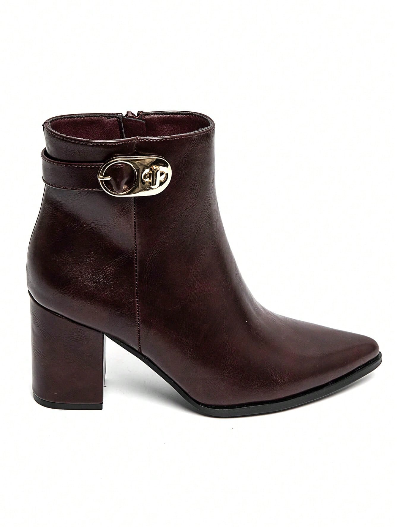 Bottines femme élégantes à talon bloc avec boucle dorée – Noir, Marron, Bordeaux — vue 9