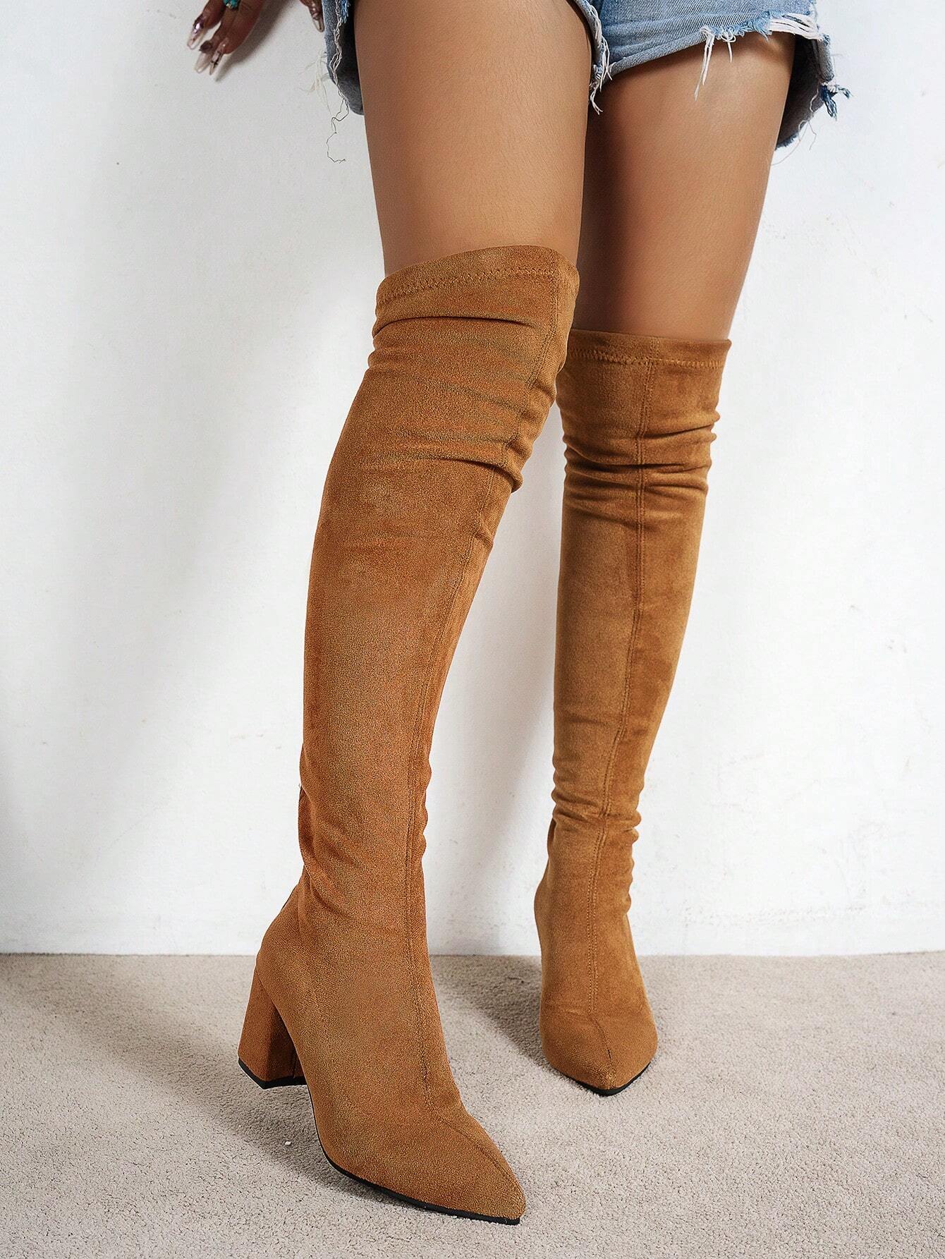 Bottes hautes pour femmes avec fermeture éclair, bout pointu, talon épais, polyvalentes