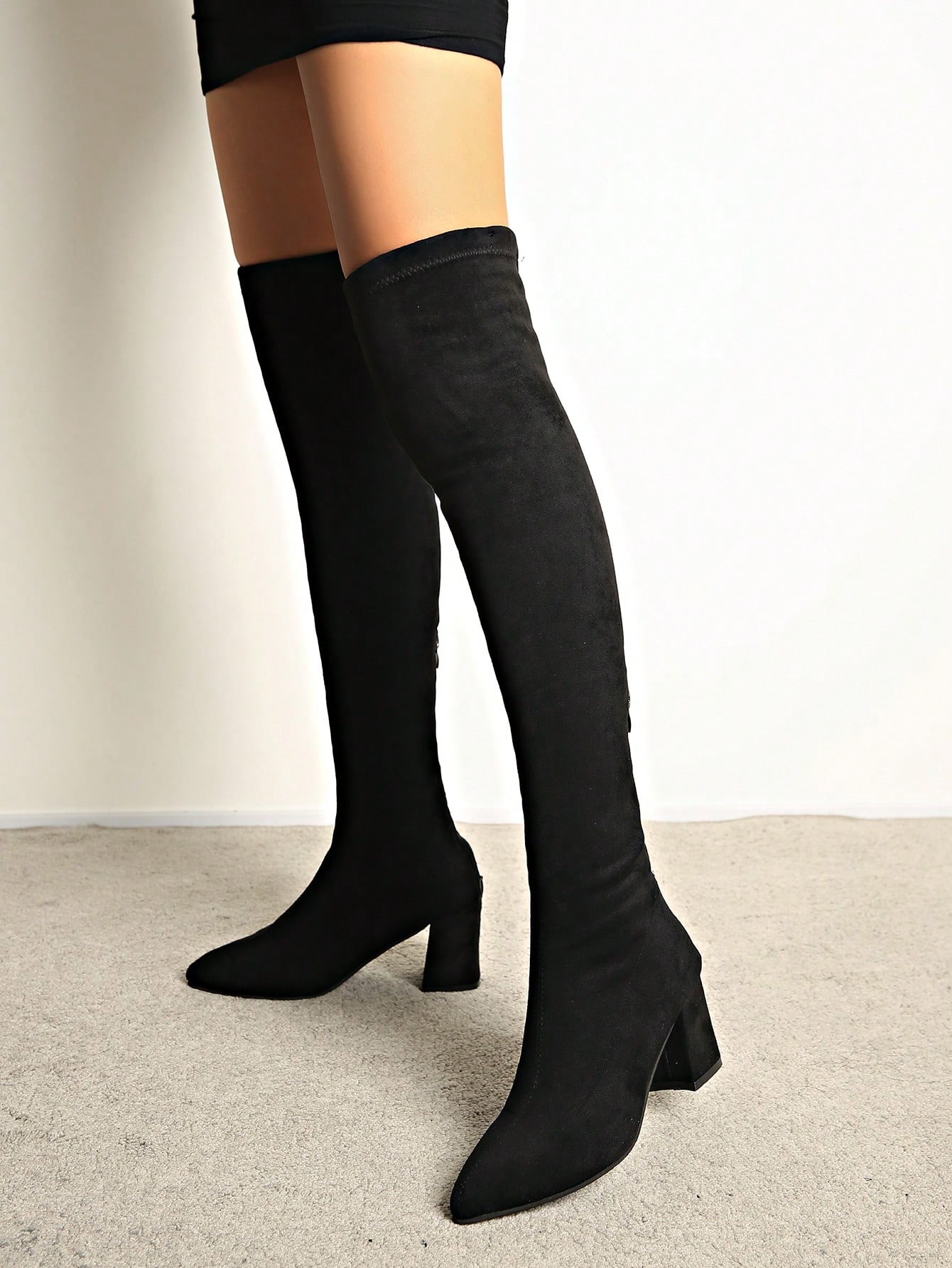 Bottes hautes pour femmes avec fermeture éclair, bout pointu, talon épais, polyvalentes — vue 5