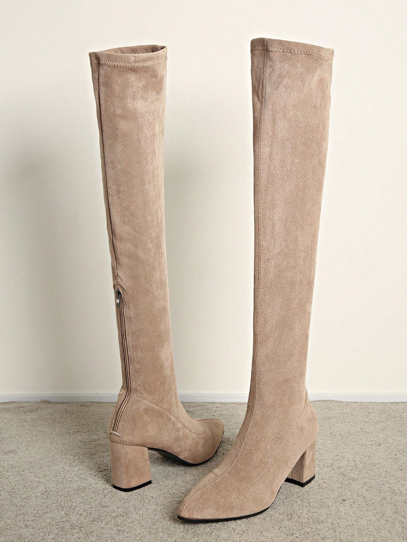 Bottes hautes pour femmes avec fermeture éclair, bout pointu, talon épais, polyvalentes — vue 9
