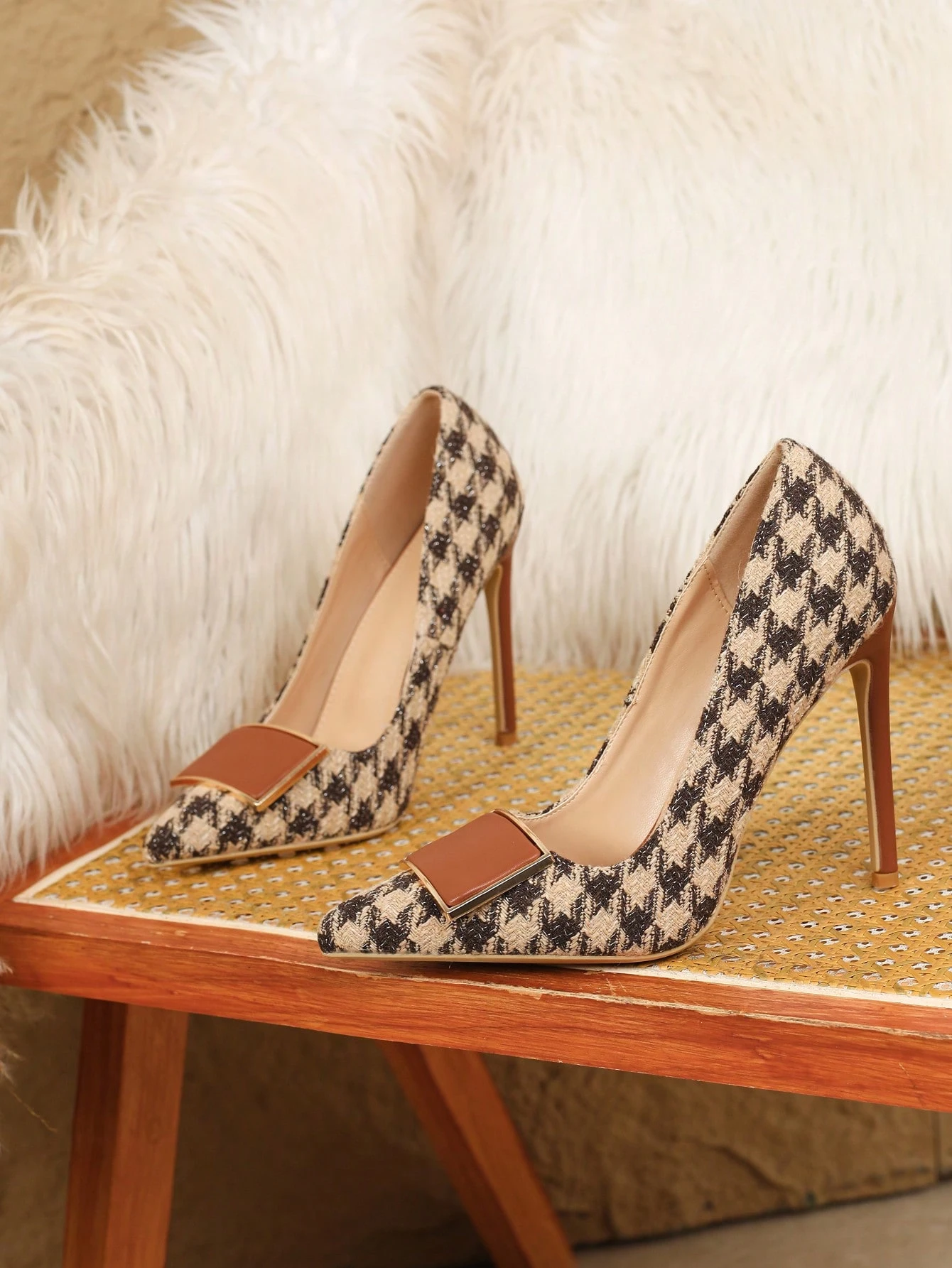 Chaussures à talons hauts en lin pour femmes avec imprimé pied-de-poule sexy (placement — vue 4
