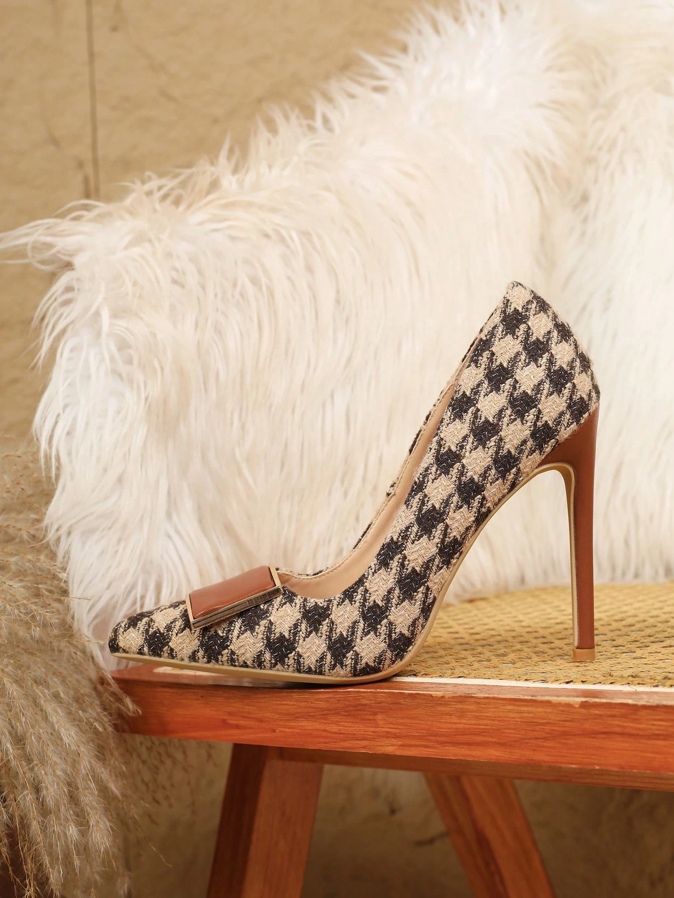 Chaussures à talons hauts en lin pour femmes avec imprimé pied-de-poule sexy (placement — vue 5