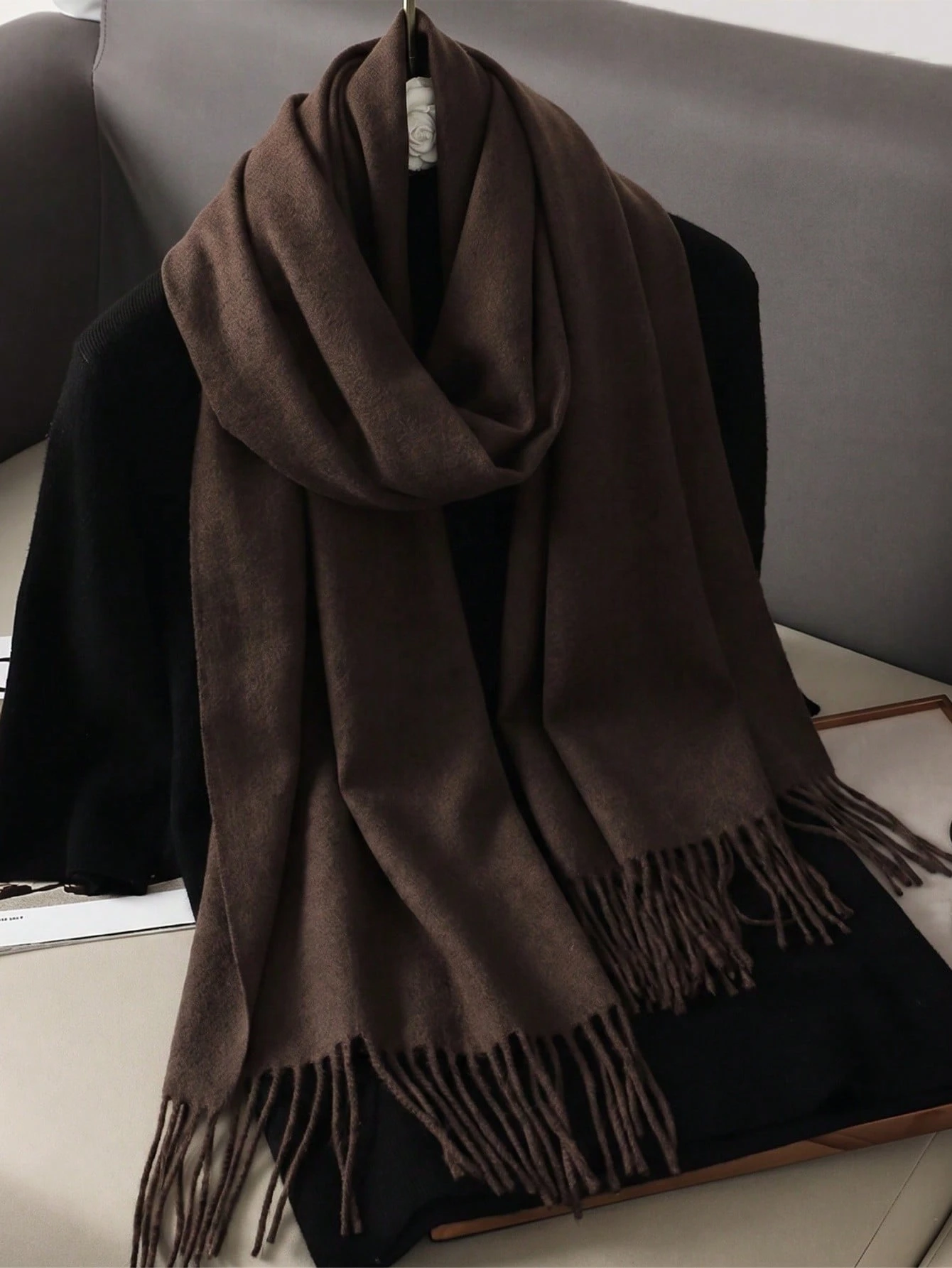 Écharpe pashmina femme en sergé premium avec franges, couleur unie, automne/hiver, châle