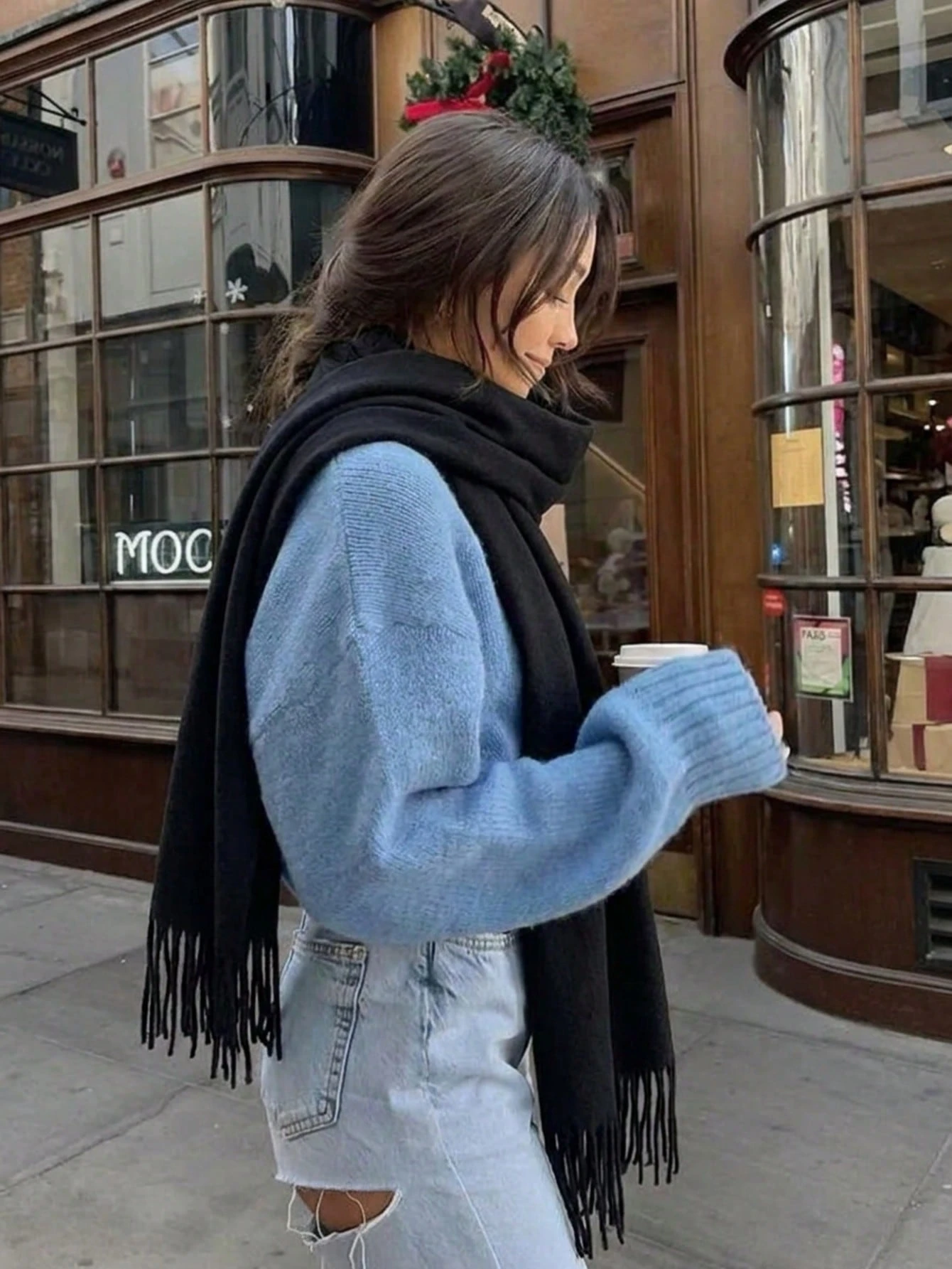Écharpe pashmina femme en sergé premium avec franges, couleur unie, automne/hiver, châle — vue 3