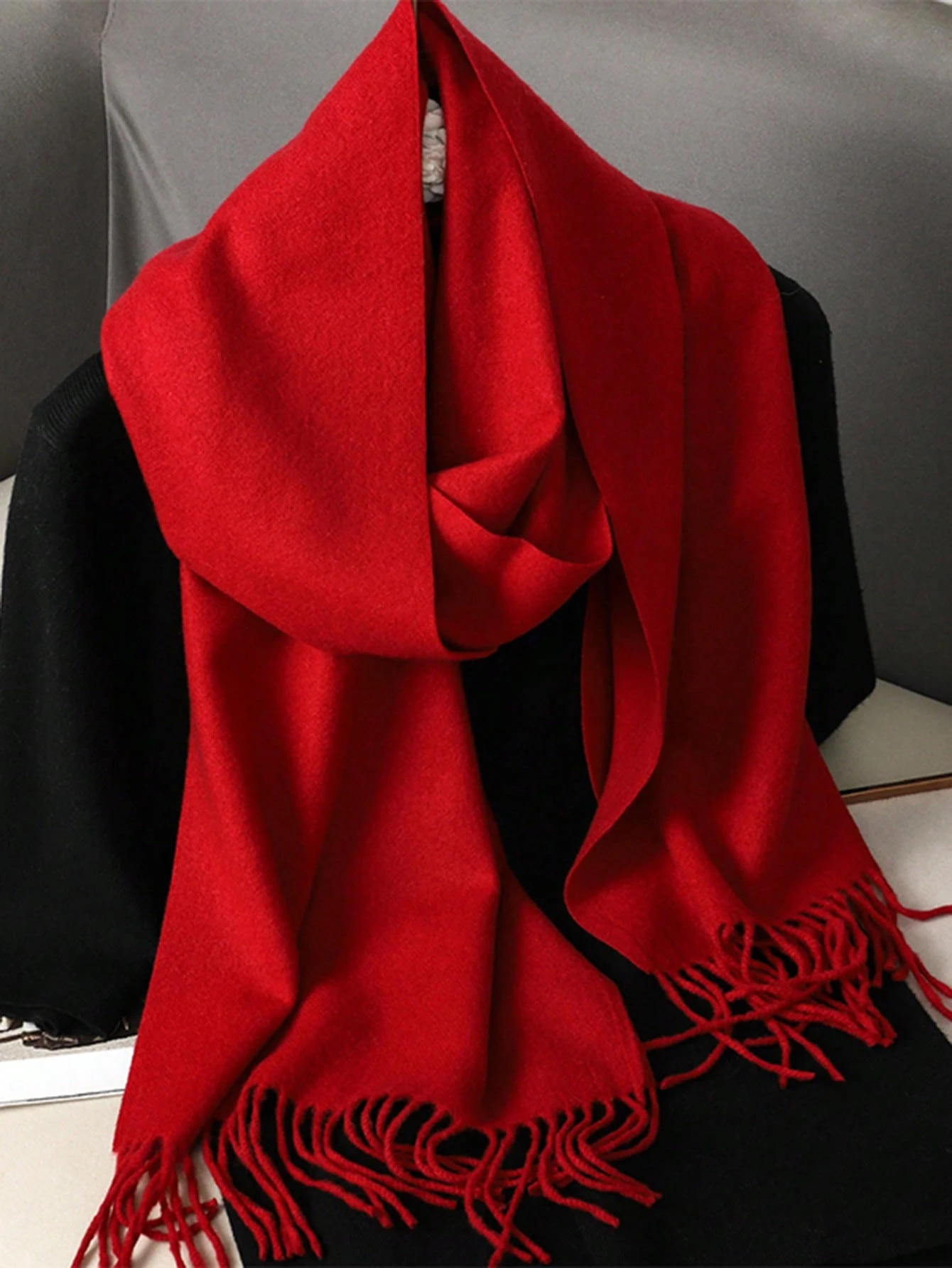 Écharpe pashmina femme en sergé premium avec franges, couleur unie, automne/hiver, châle — vue 2