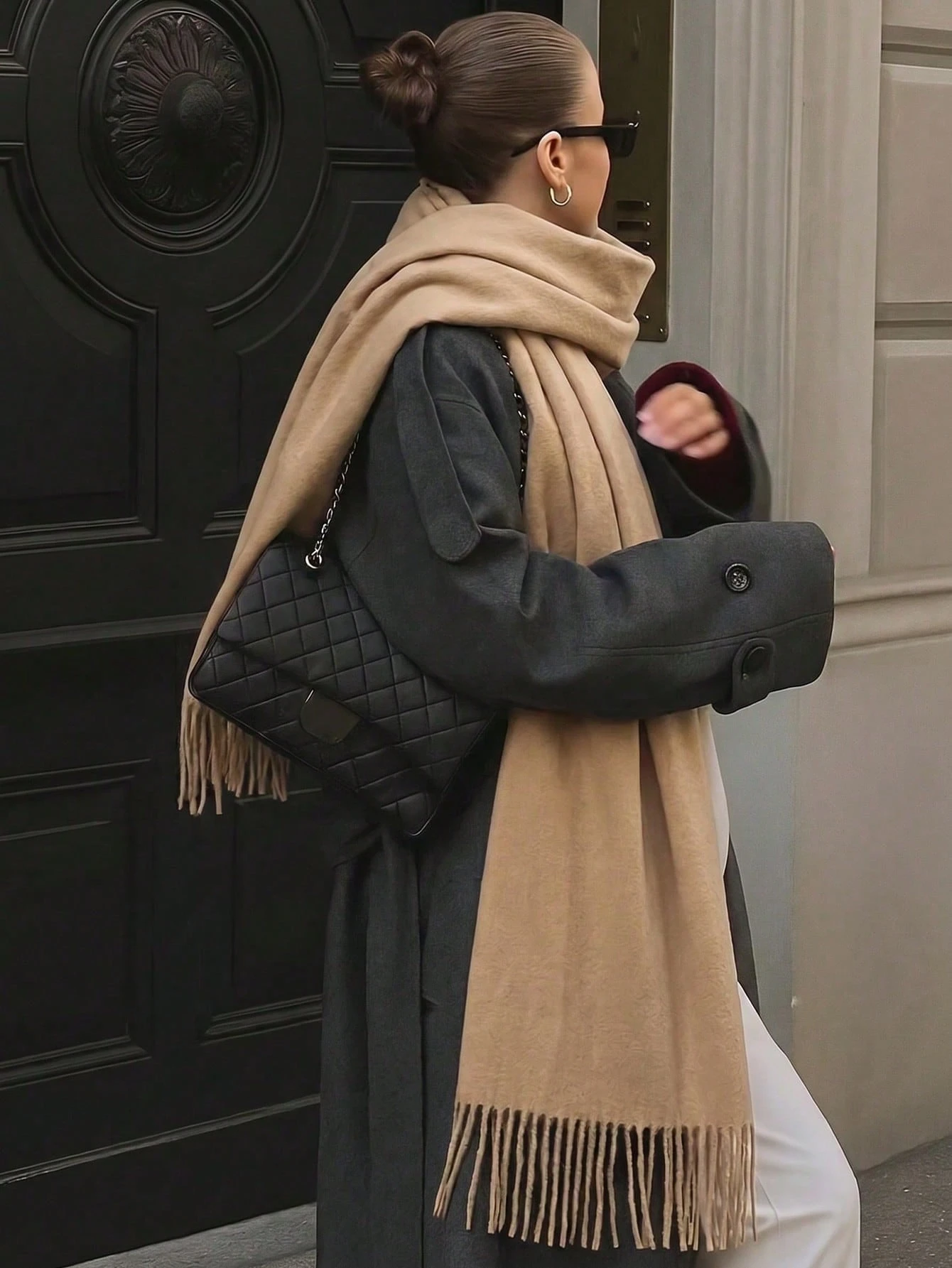 Écharpe pashmina femme en sergé premium avec franges, couleur unie, automne/hiver, châle — vue 9