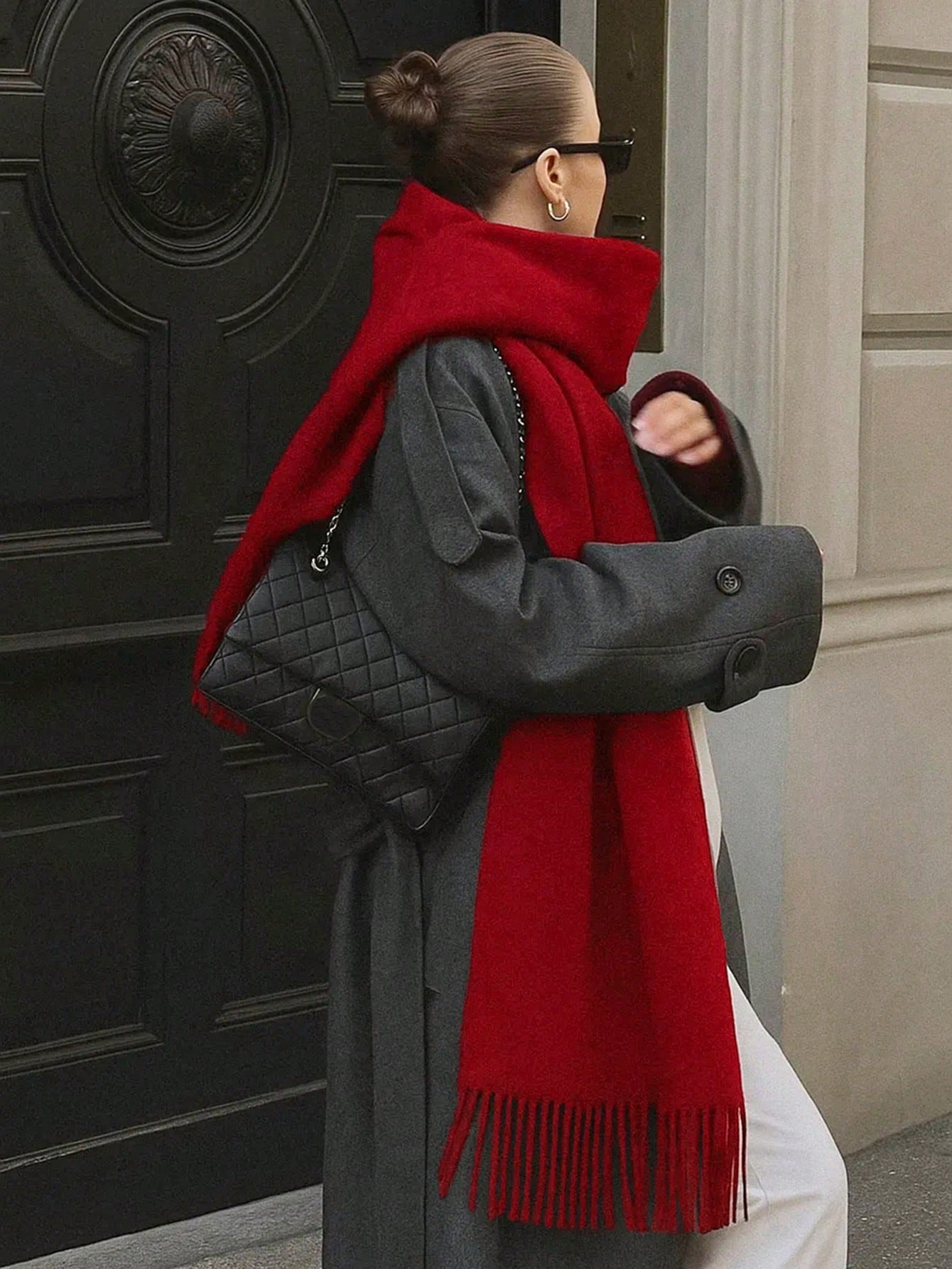 Écharpe pashmina femme en sergé premium avec franges, couleur unie, automne/hiver, châle — vue 11