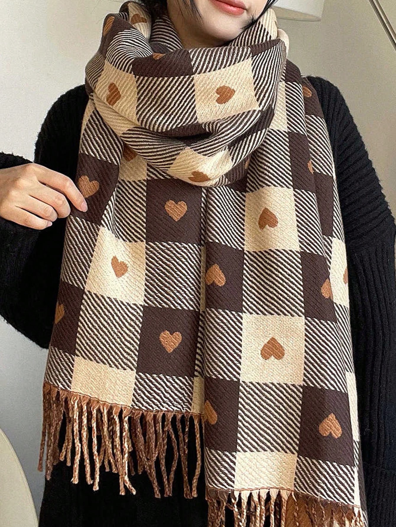 Écharpe réversible en faux cachemire à carreaux cœur avec franges pour femmes, châle