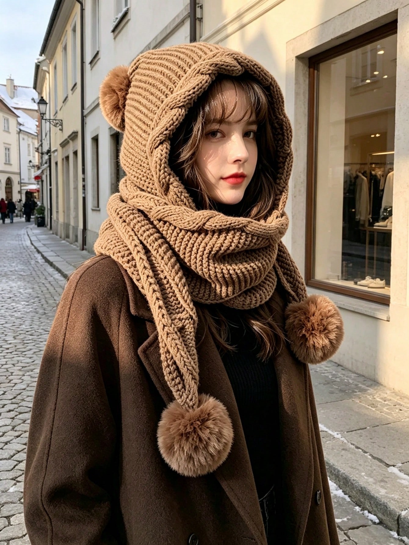 Bonnet tricoté femme automne/hiver avec écharpe intégrée, design épais et chaud pour la — vue 5