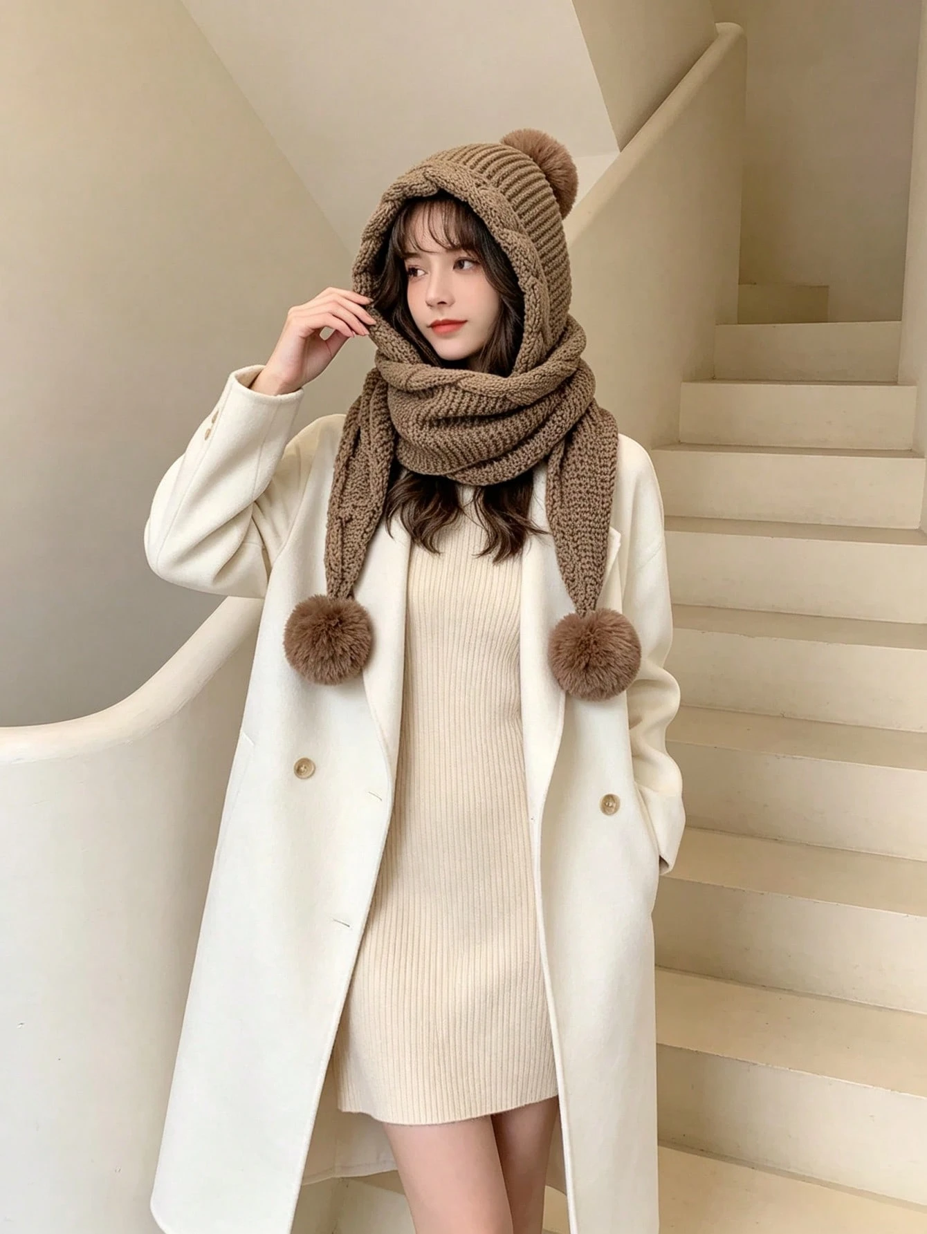 Bonnet tricoté femme automne/hiver avec écharpe intégrée, design épais et chaud pour la — vue 2