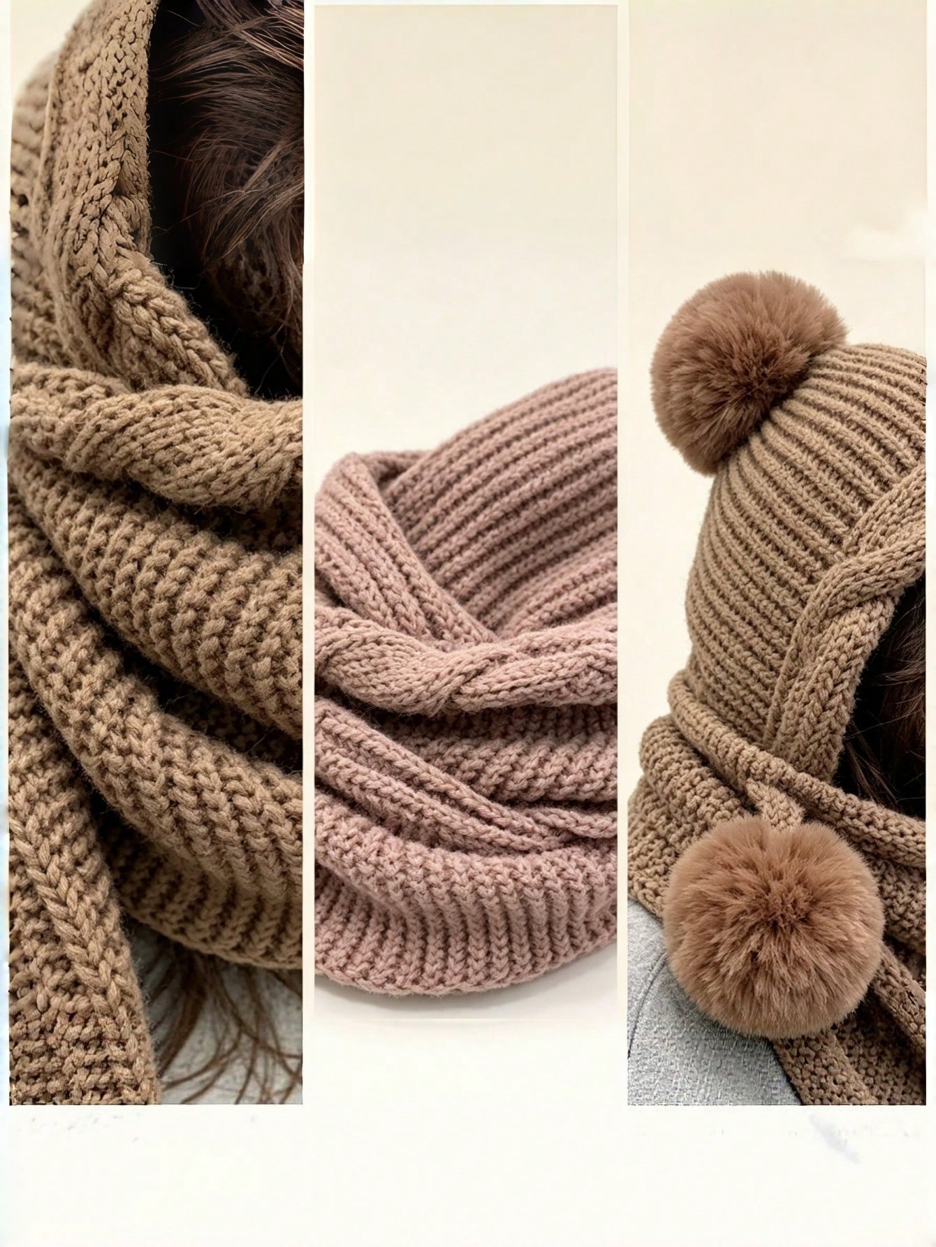 Bonnet tricoté femme automne/hiver avec écharpe intégrée, design épais et chaud pour la — vue 4