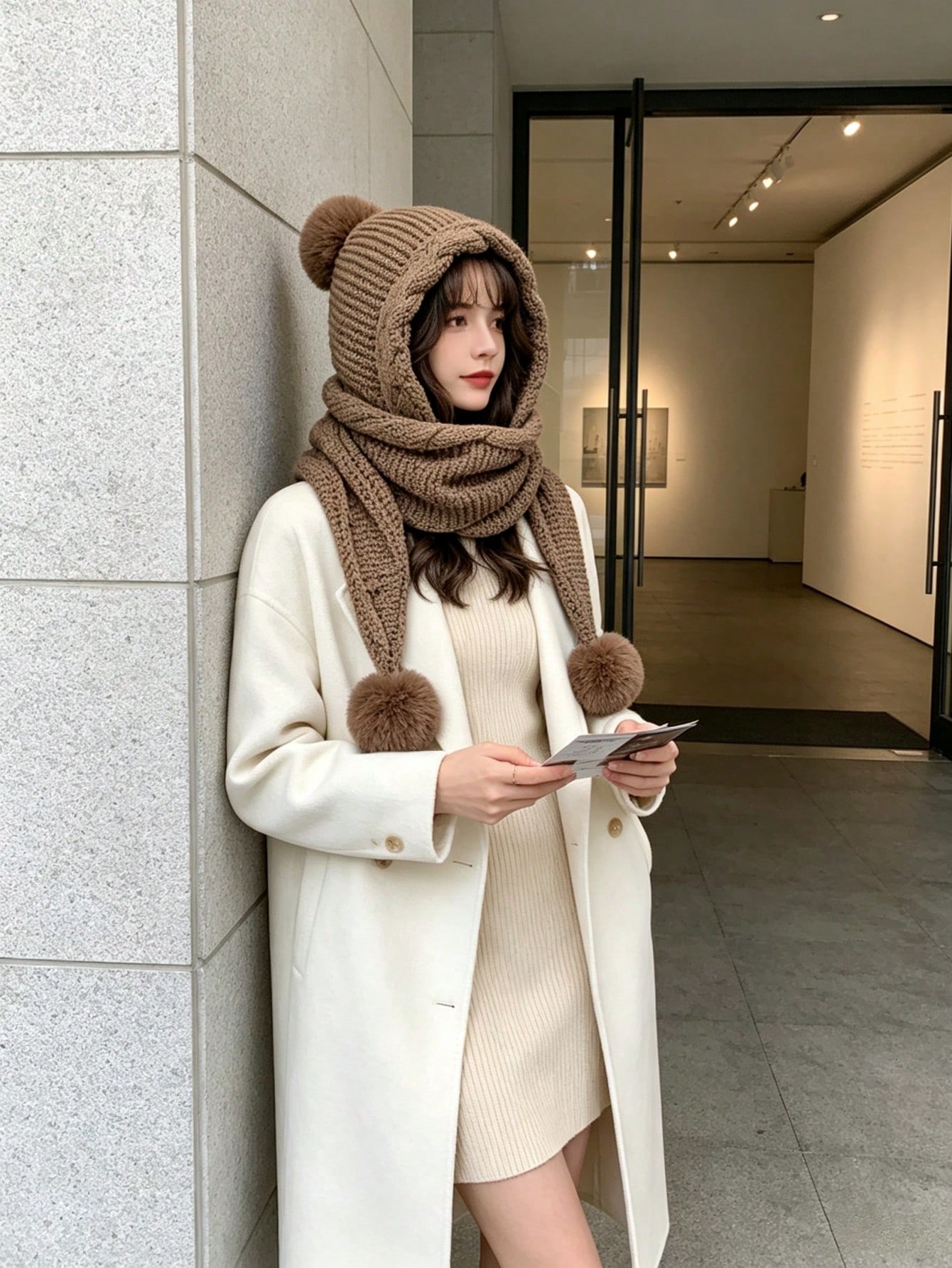 Bonnet tricoté femme automne/hiver avec écharpe intégrée, design épais et chaud pour la — vue 6