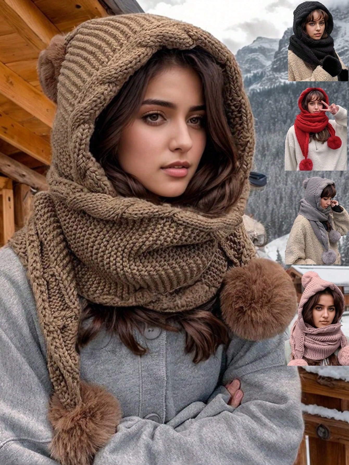 Bonnet tricoté femme automne/hiver avec écharpe intégrée, design épais et chaud pour la — vue 7