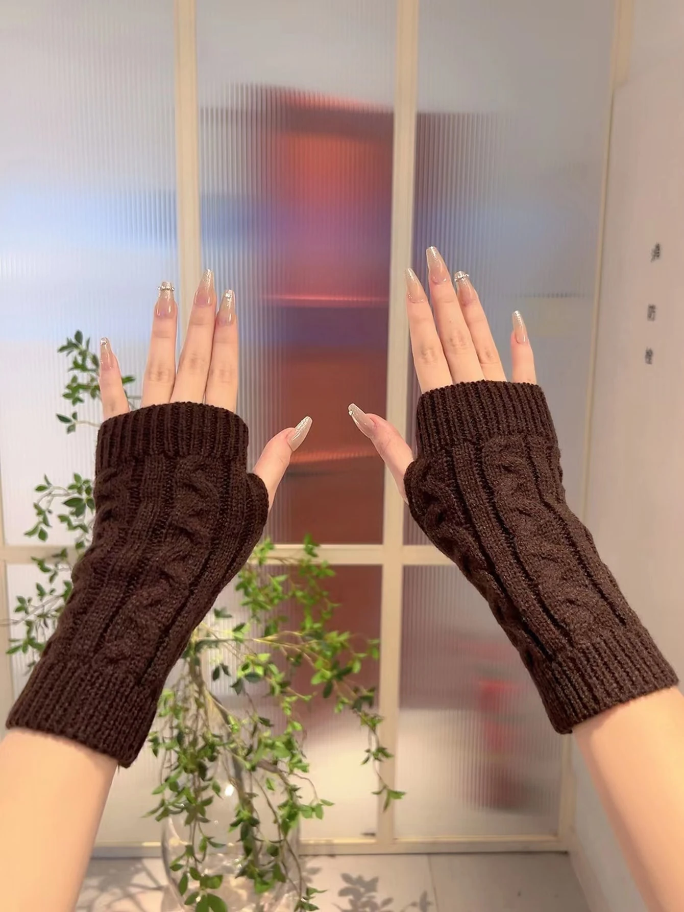 1 paire de gants tricotés à doigts ouverts pour femmes, pour l'automne et l'hiver