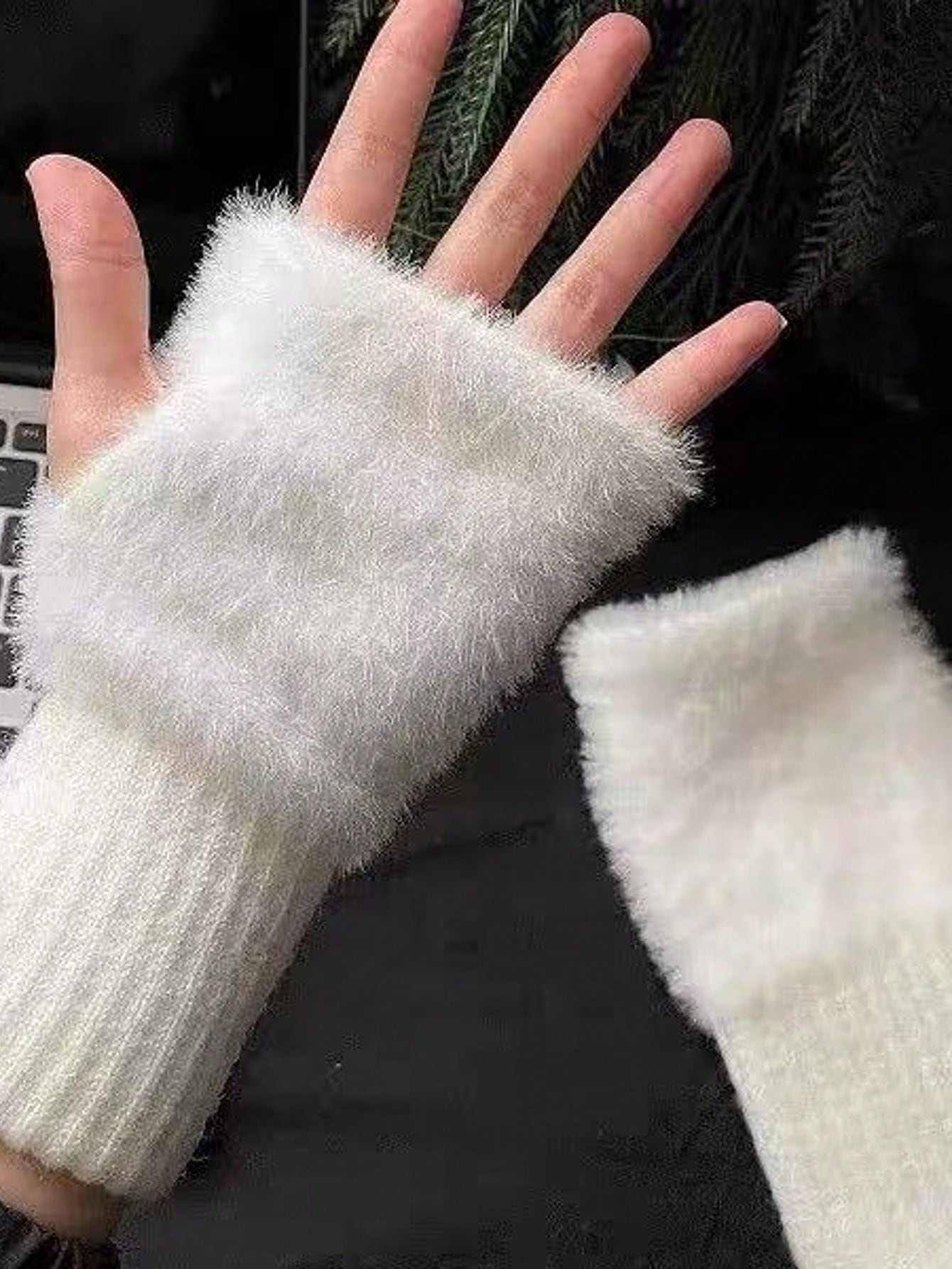 1/2 paires de gants à demi-doigts tricotés de couleur unie chauds pour femmes, gants de — vue 5