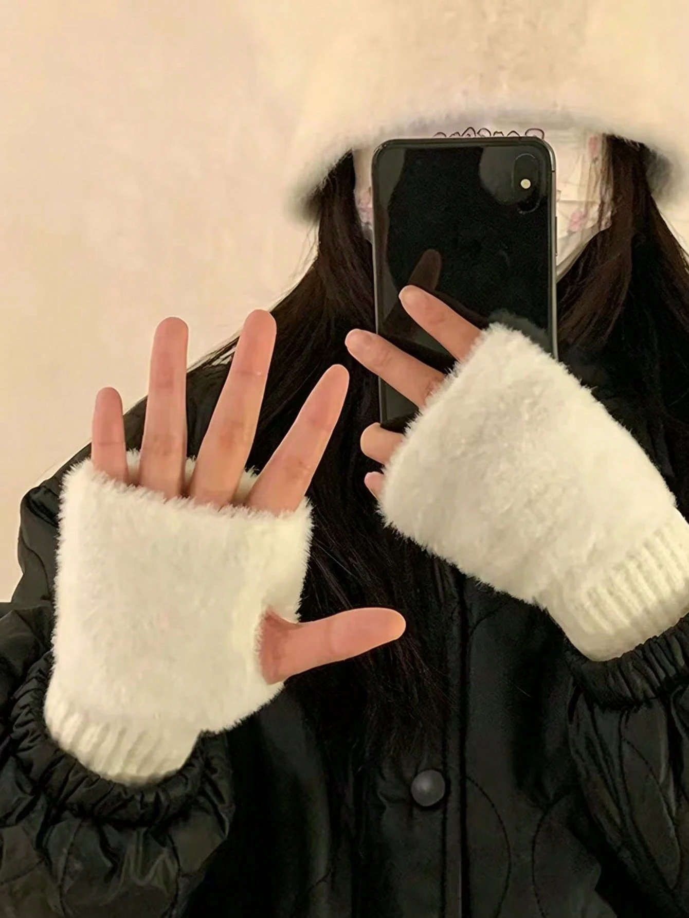 1/2 paires de gants à demi-doigts tricotés de couleur unie chauds pour femmes, gants de — vue 2