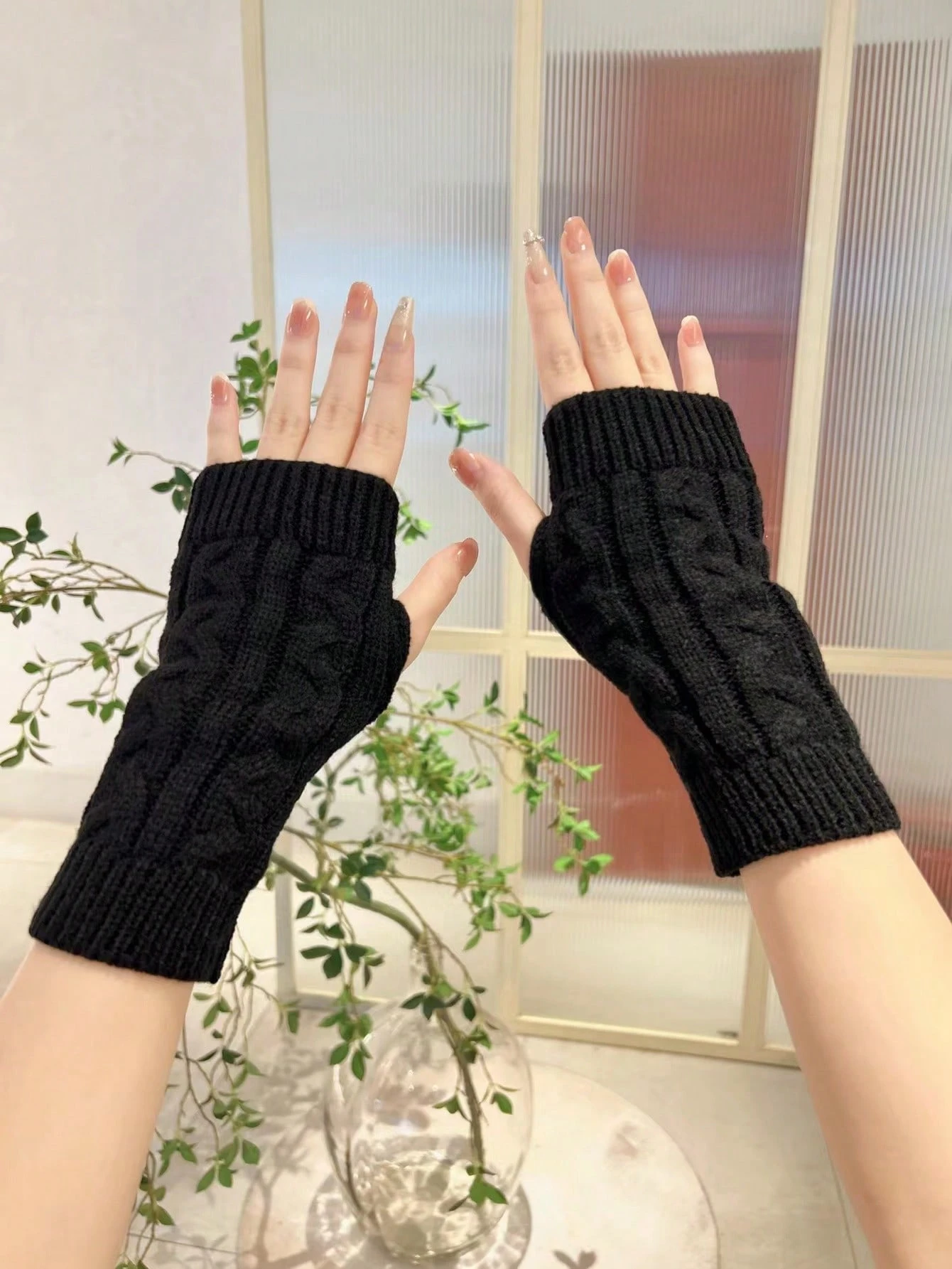 1 paire de gants tricotés à doigts ouverts pour femmes, pour l'automne et l'hiver — vue 5