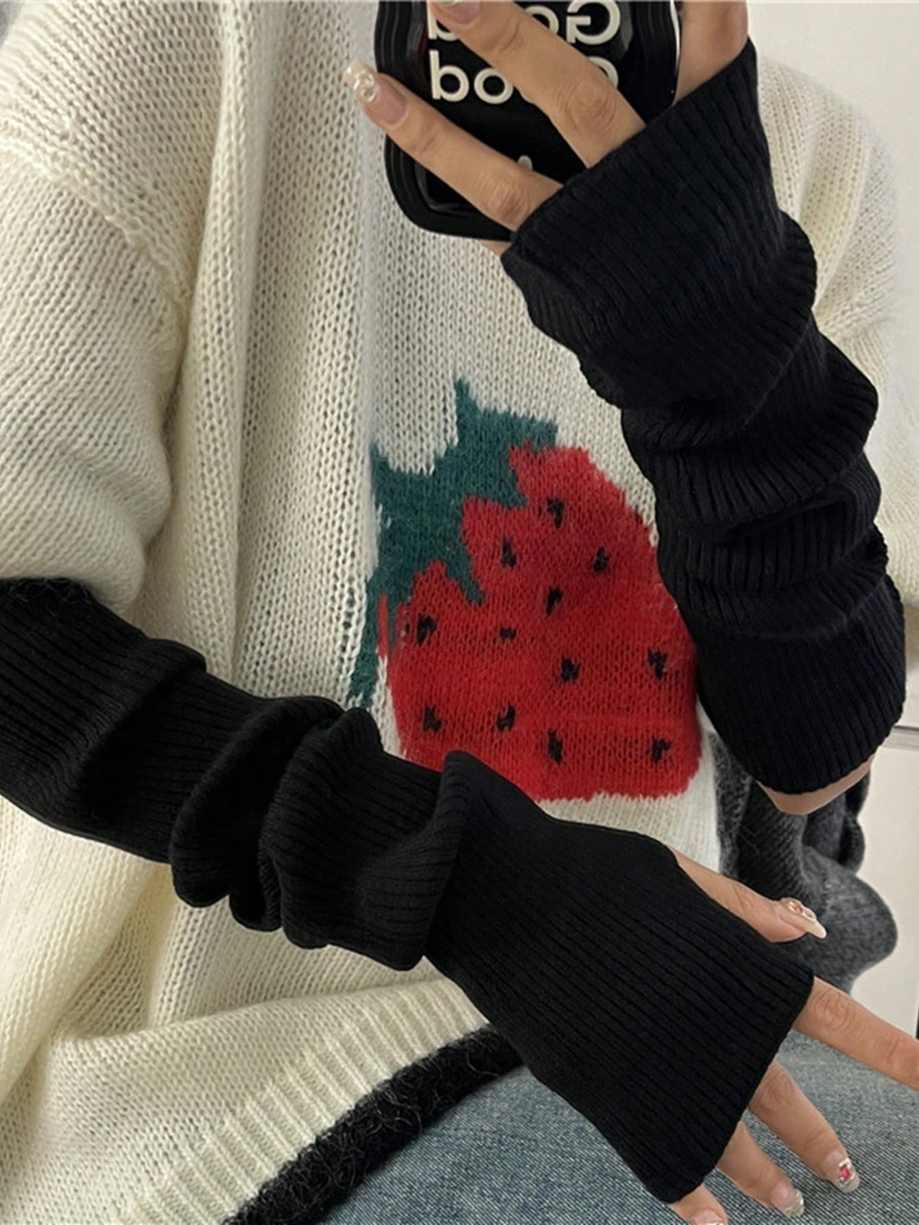 1 paire de gants sans doigts en tricot blanc unicolore à la mode pour femmes, convenant