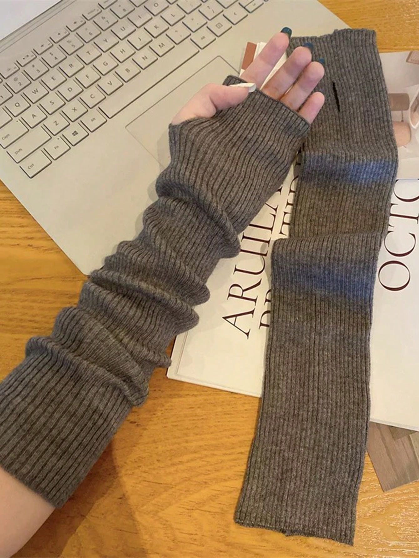 1 paire de gants sans doigts en tricot blanc unicolore à la mode pour femmes, convenant — vue 6