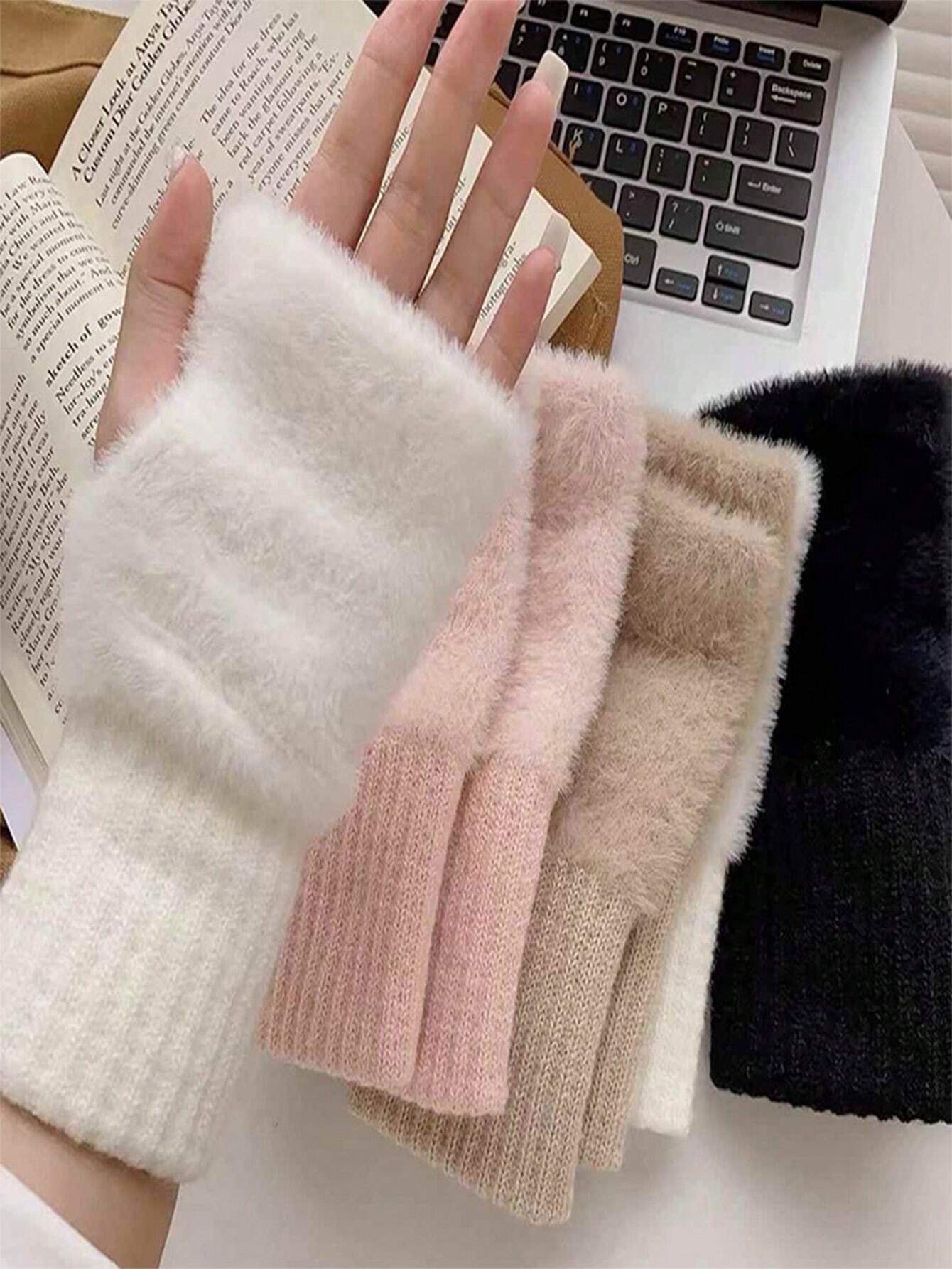 1/2 paires de gants sans doigts moelleux de couleur unie pour femmes, mitaines tricotées
