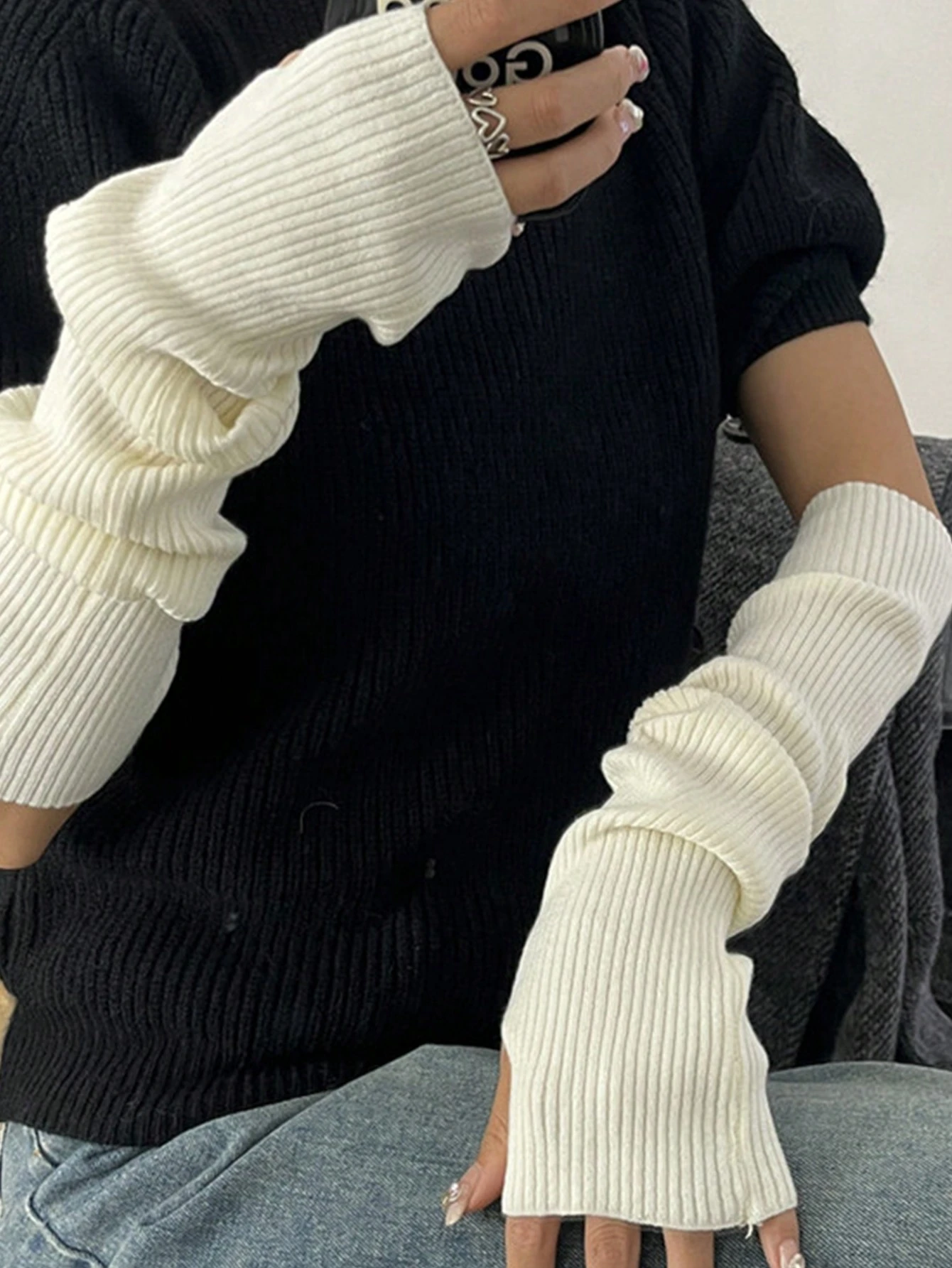 1 paire de gants sans doigts en tricot blanc unicolore à la mode pour femmes, convenant — vue 9