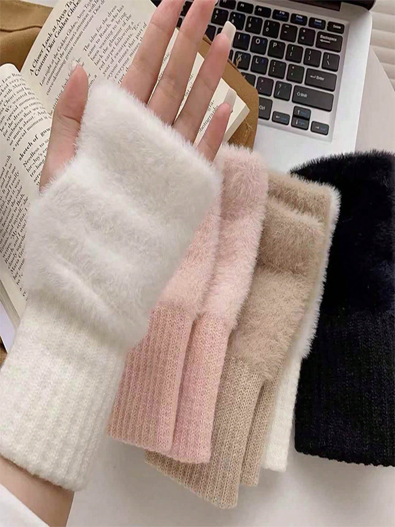 1/2 paires de gants sans doigts moelleux de couleur unie pour femmes, mitaines tricotées — vue 2