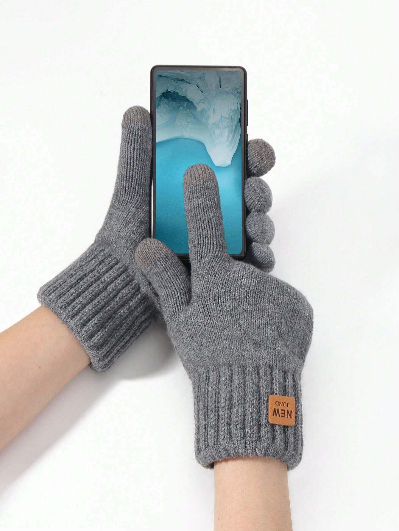1 paire de gants tricotés chauds d'hiver pour femmes, double couche avec bouts de doigts — vue 6