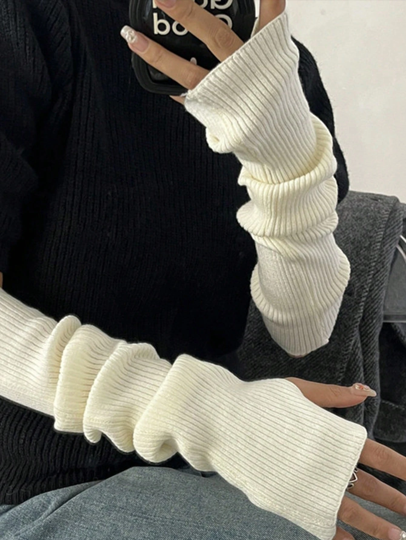 1 paire de gants sans doigts en tricot blanc unicolore à la mode pour femmes, convenant — vue 8