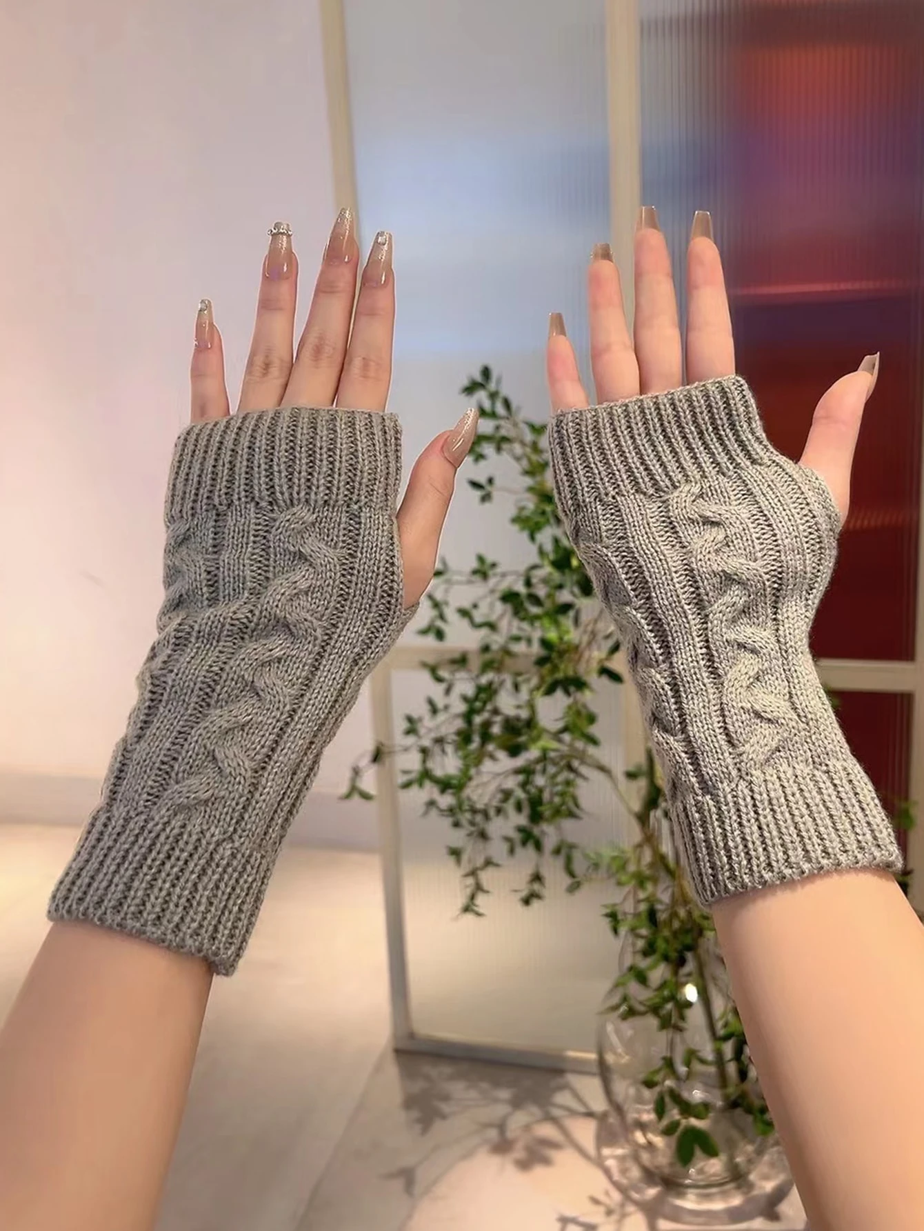 1 paire de gants tricotés à doigts ouverts pour femmes, pour l'automne et l'hiver — vue 9