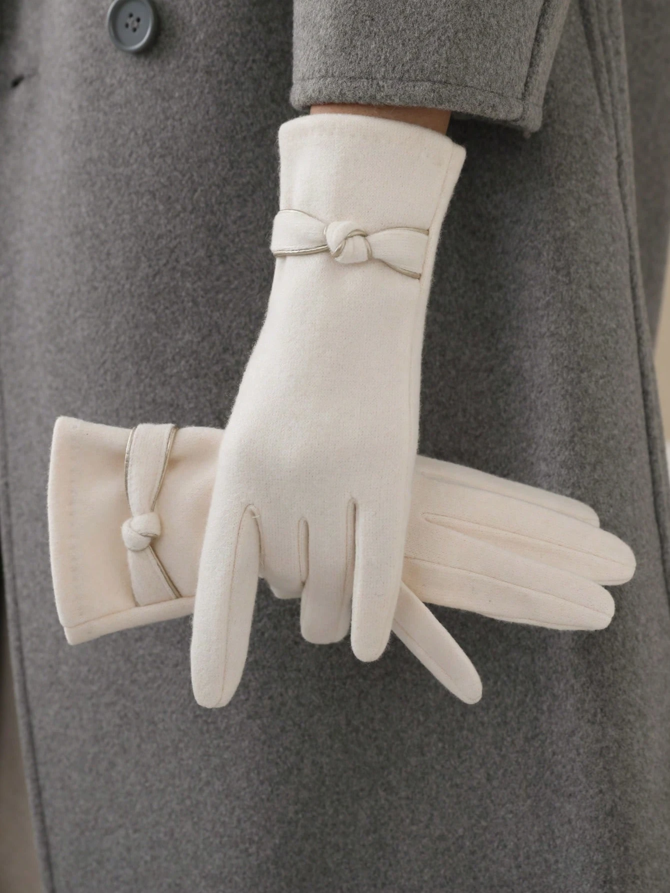 1 paire de gants chauds décontractés en polyester de couleur unie avec nœud, compatibles — vue 2