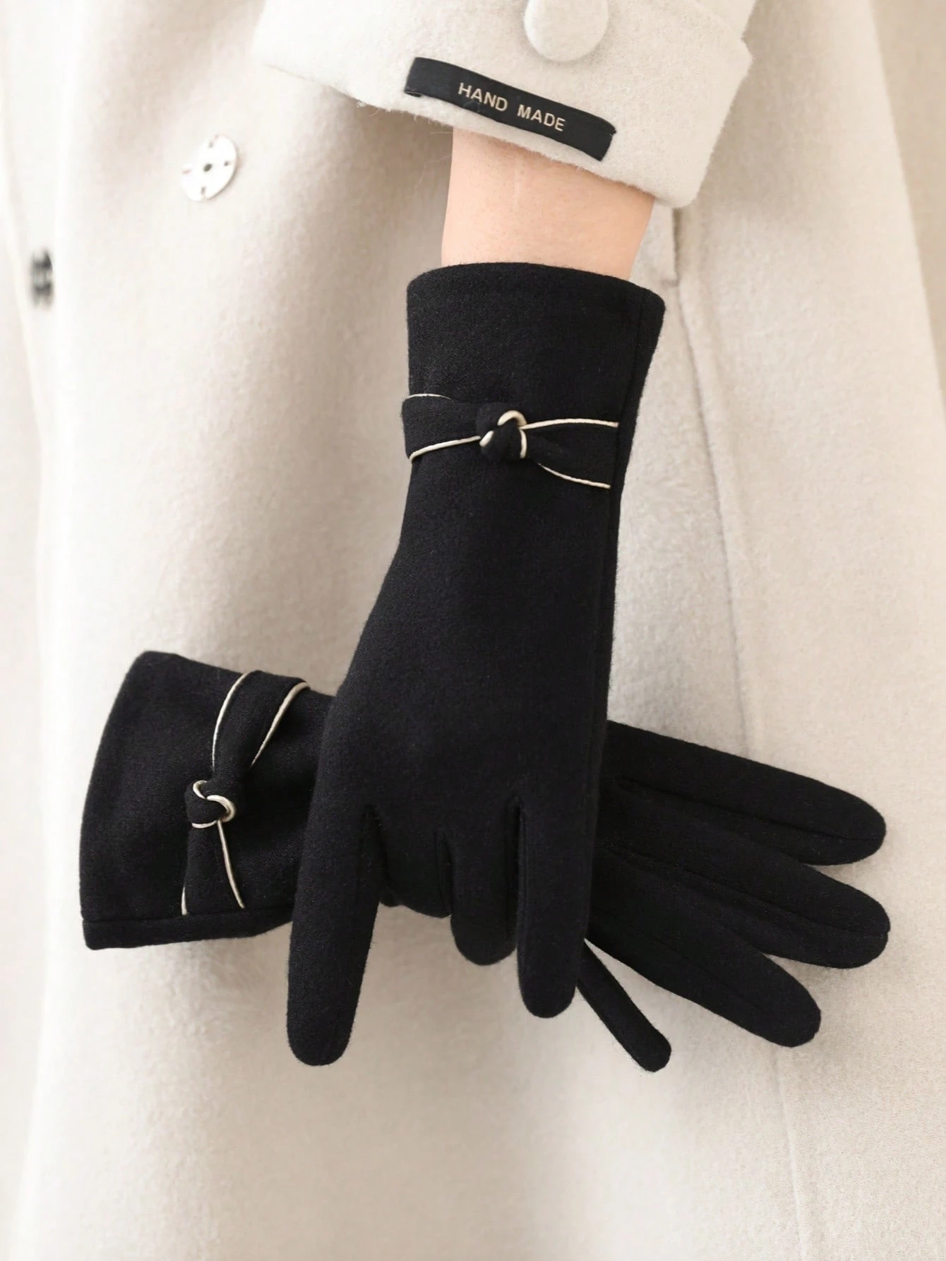 1 paire de gants chauds décontractés en polyester de couleur unie avec nœud, compatibles — vue 5