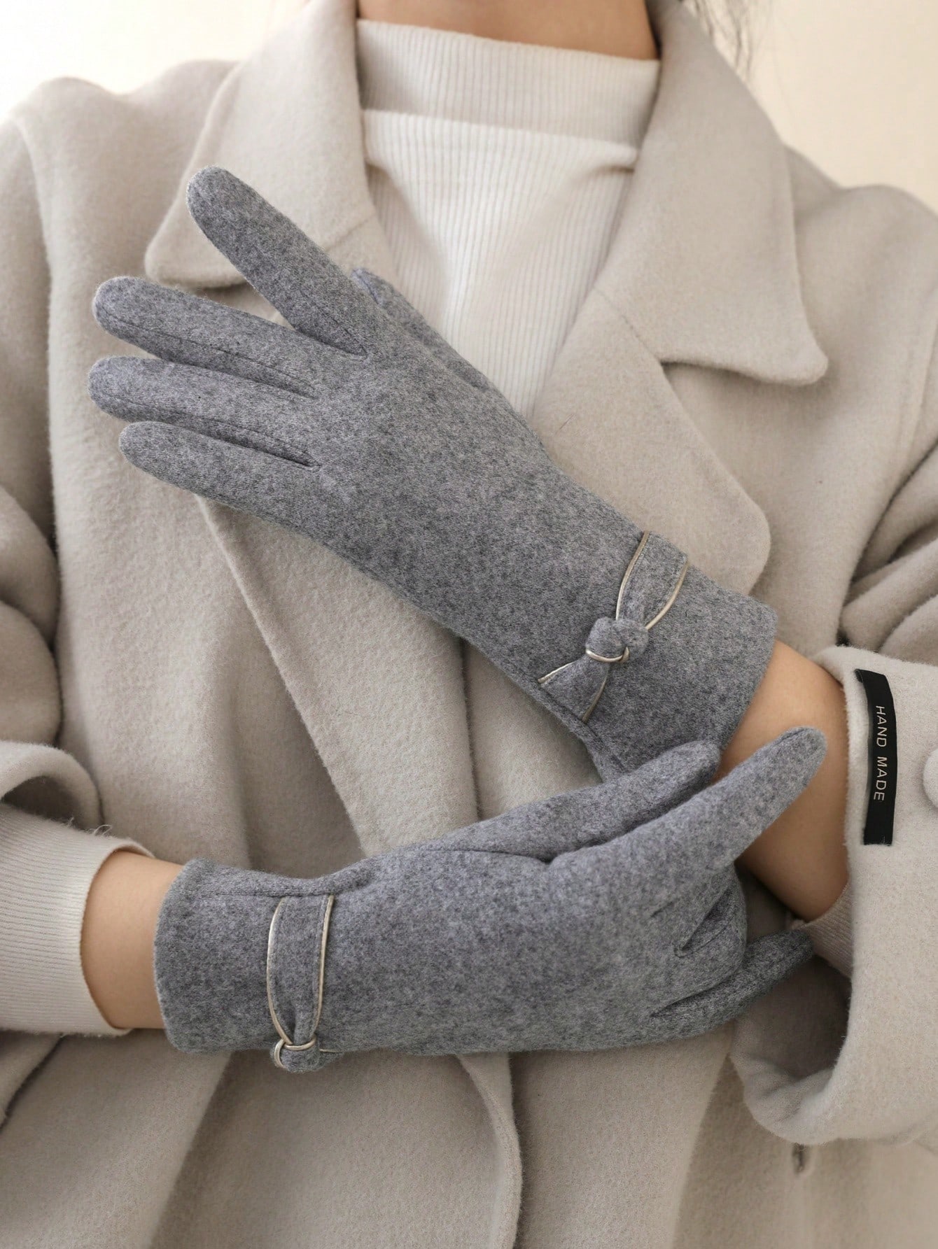 1 paire de gants chauds décontractés en polyester de couleur unie avec nœud, compatibles — vue 8