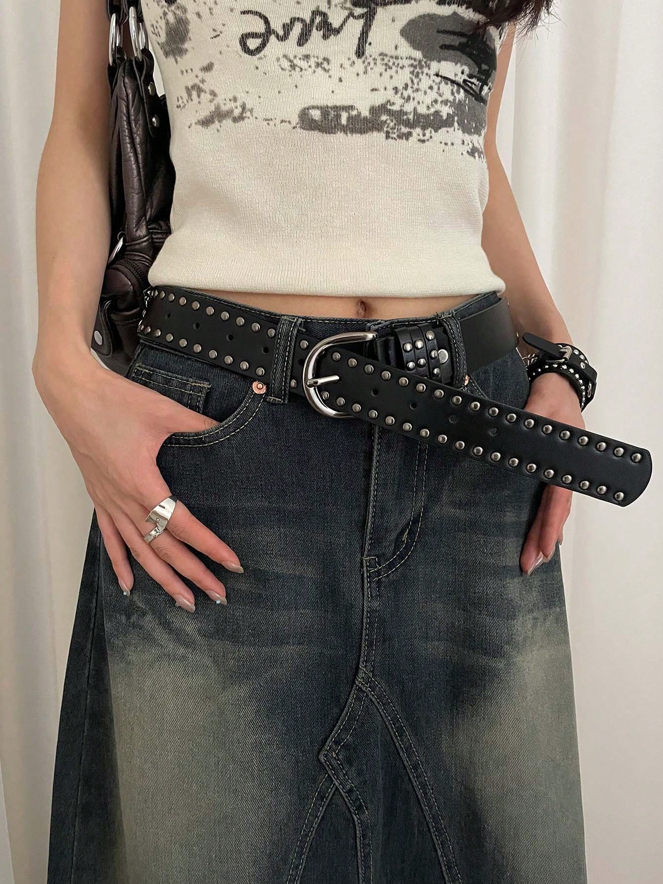 Ceinture en PU jaune pour femmes, style punk avec double rangée de rivets décoratifs, — vue 3