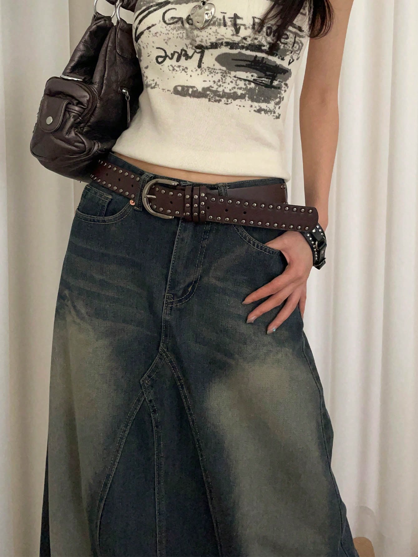 Ceinture en PU jaune pour femmes, style punk avec double rangée de rivets décoratifs, — vue 6