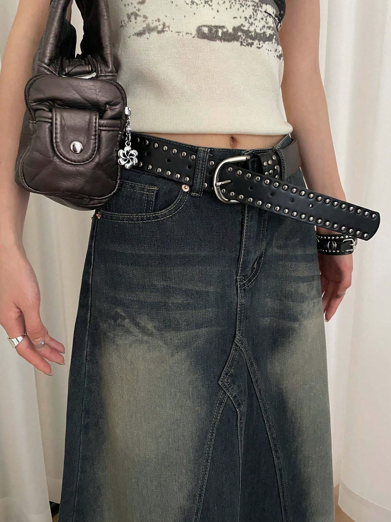 Ceinture en PU jaune pour femmes, style punk avec double rangée de rivets décoratifs, — vue 11