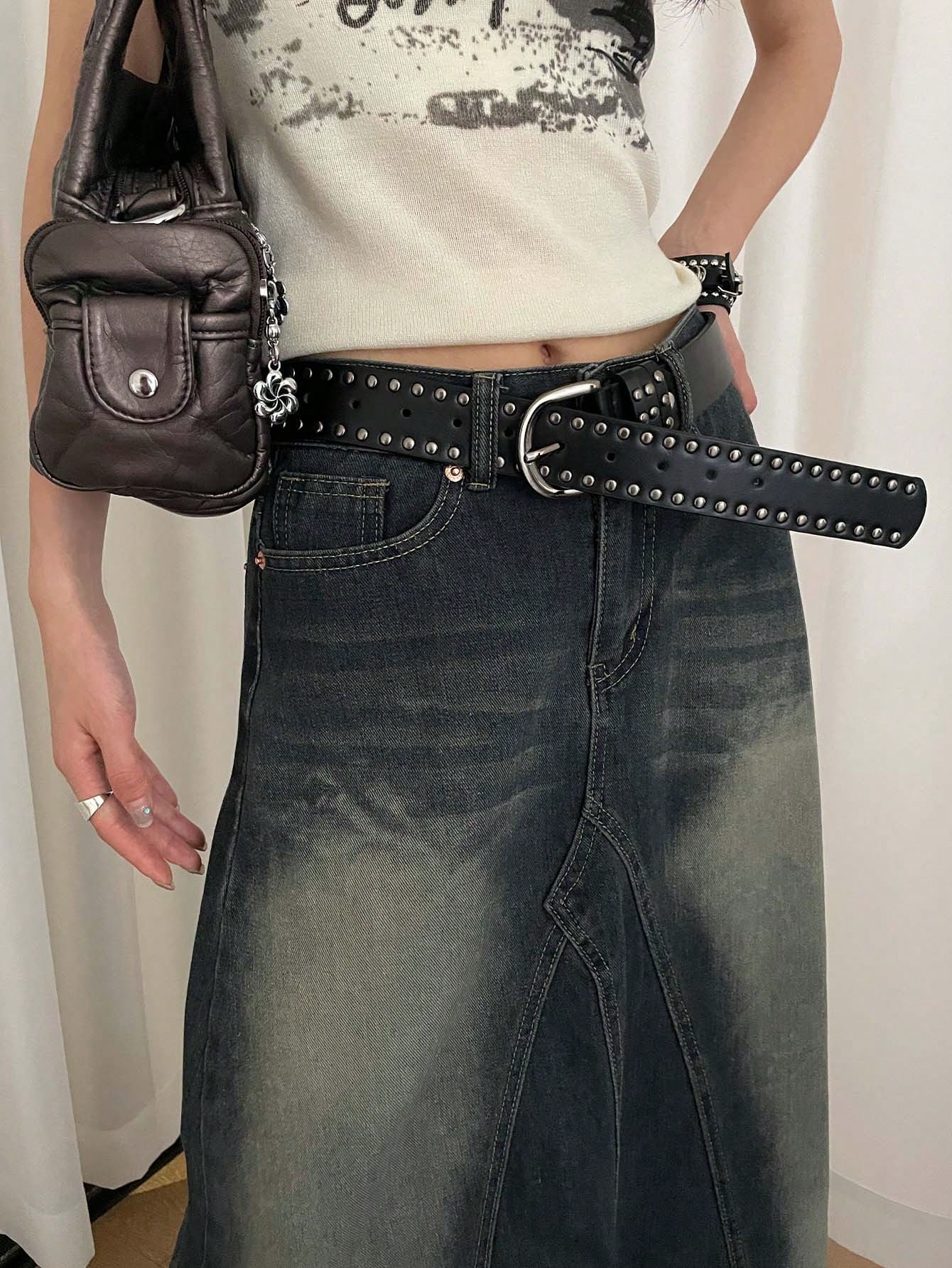 Ceinture en PU jaune pour femmes, style punk avec double rangée de rivets décoratifs, — vue 7