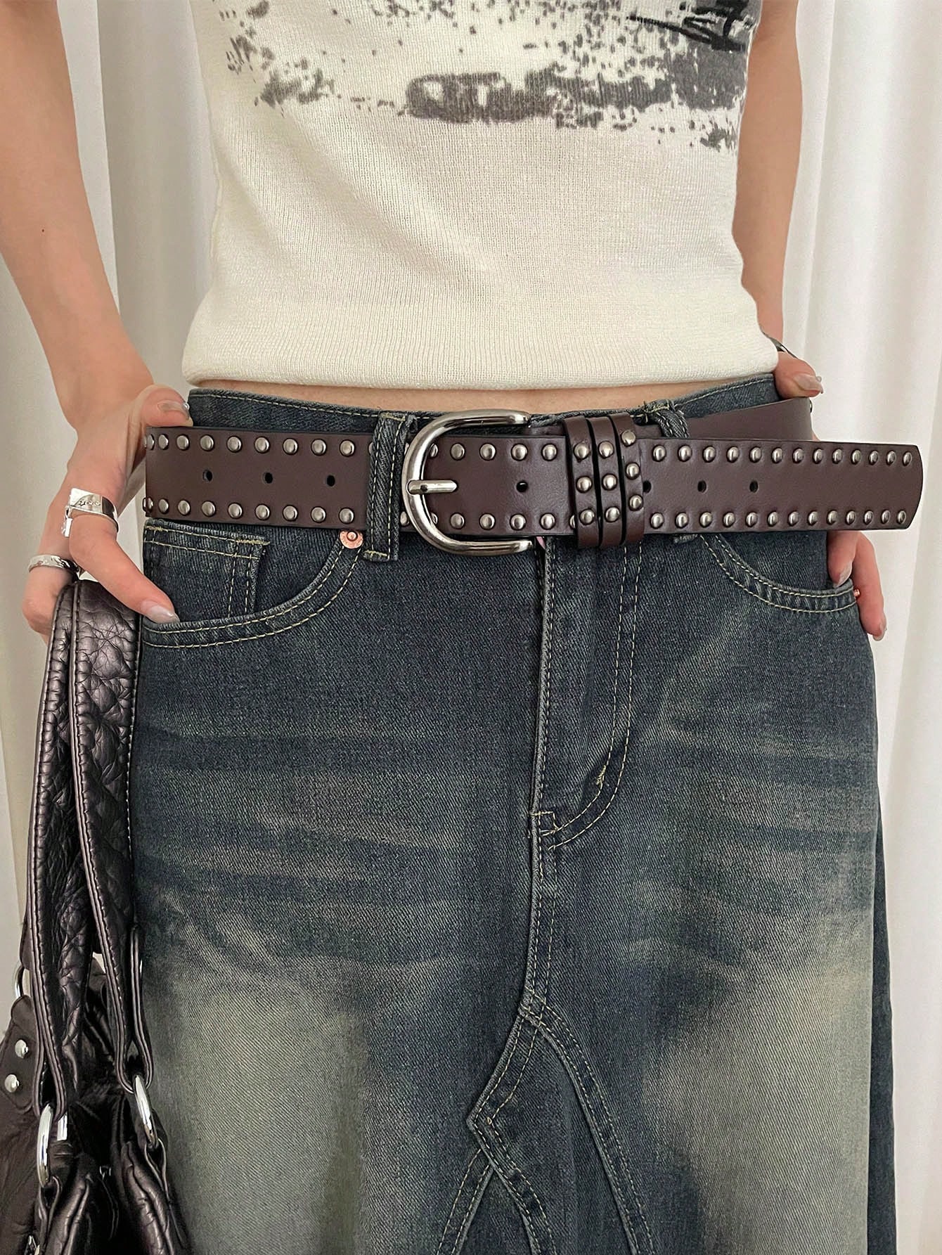 Ceinture en PU jaune pour femmes, style punk avec double rangée de rivets décoratifs, — vue 10
