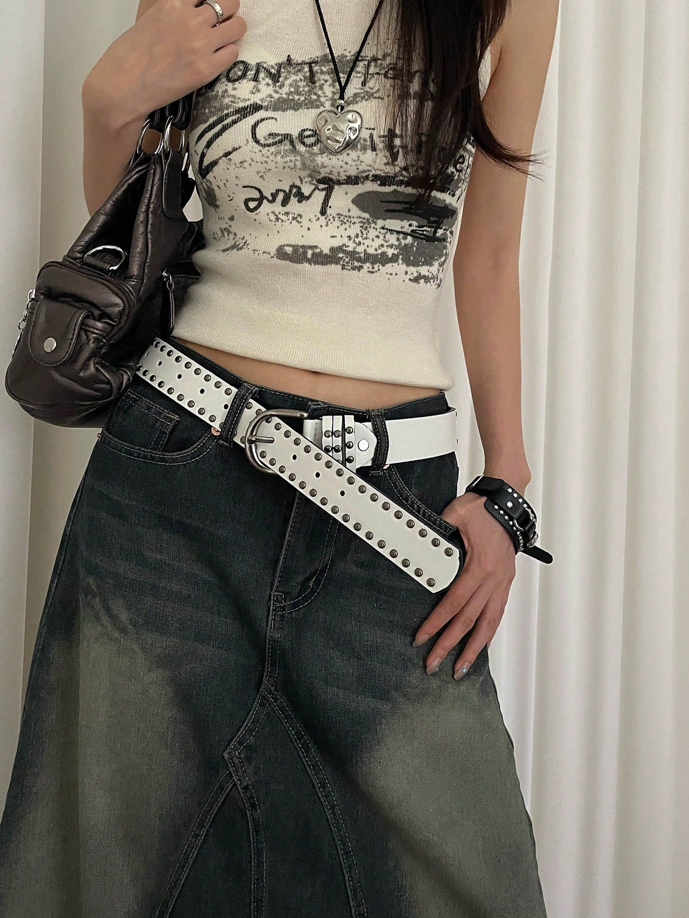 Ceinture en PU jaune pour femmes, style punk avec double rangée de rivets décoratifs, — vue 12