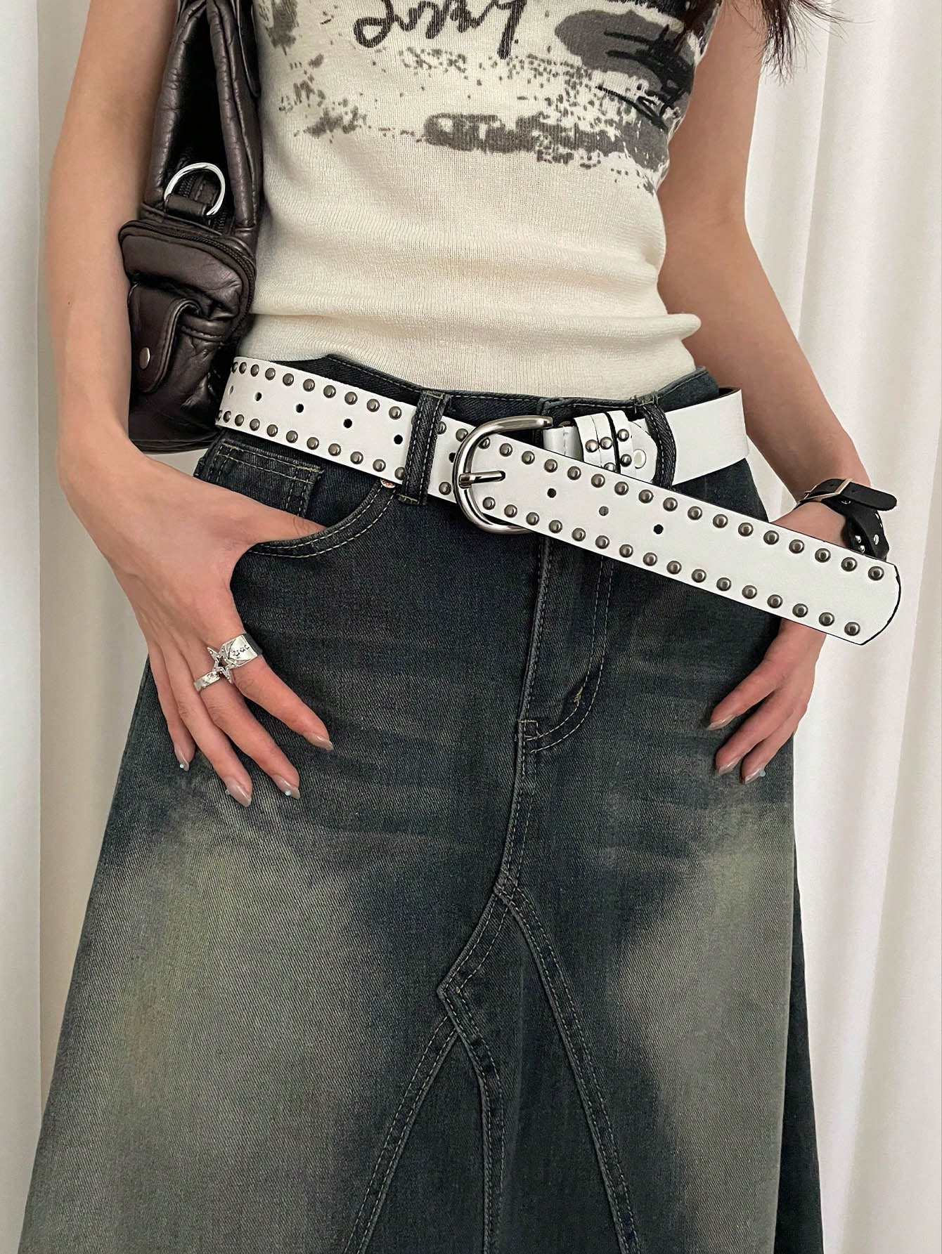 Ceinture en PU jaune pour femmes, style punk avec double rangée de rivets décoratifs, — vue 8