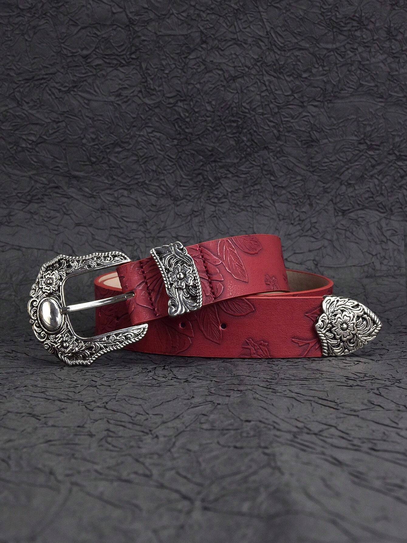 Ceinture rouge à boucle sculptée bohème, PU gaufré de couleur unie vintage, style punk, — vue 6