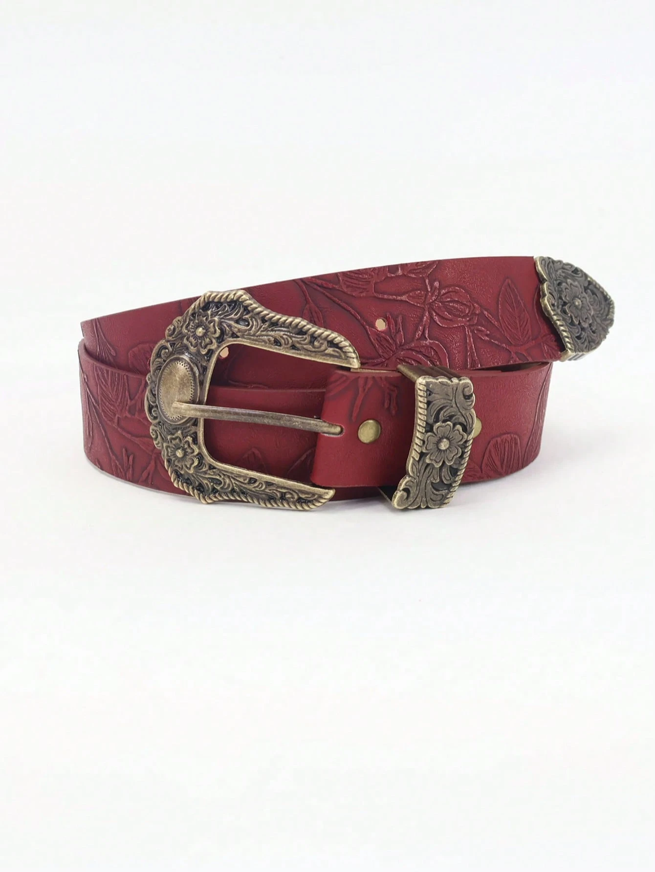 Ceinture rouge à boucle sculptée bohème, PU gaufré de couleur unie vintage, style punk, — vue 4