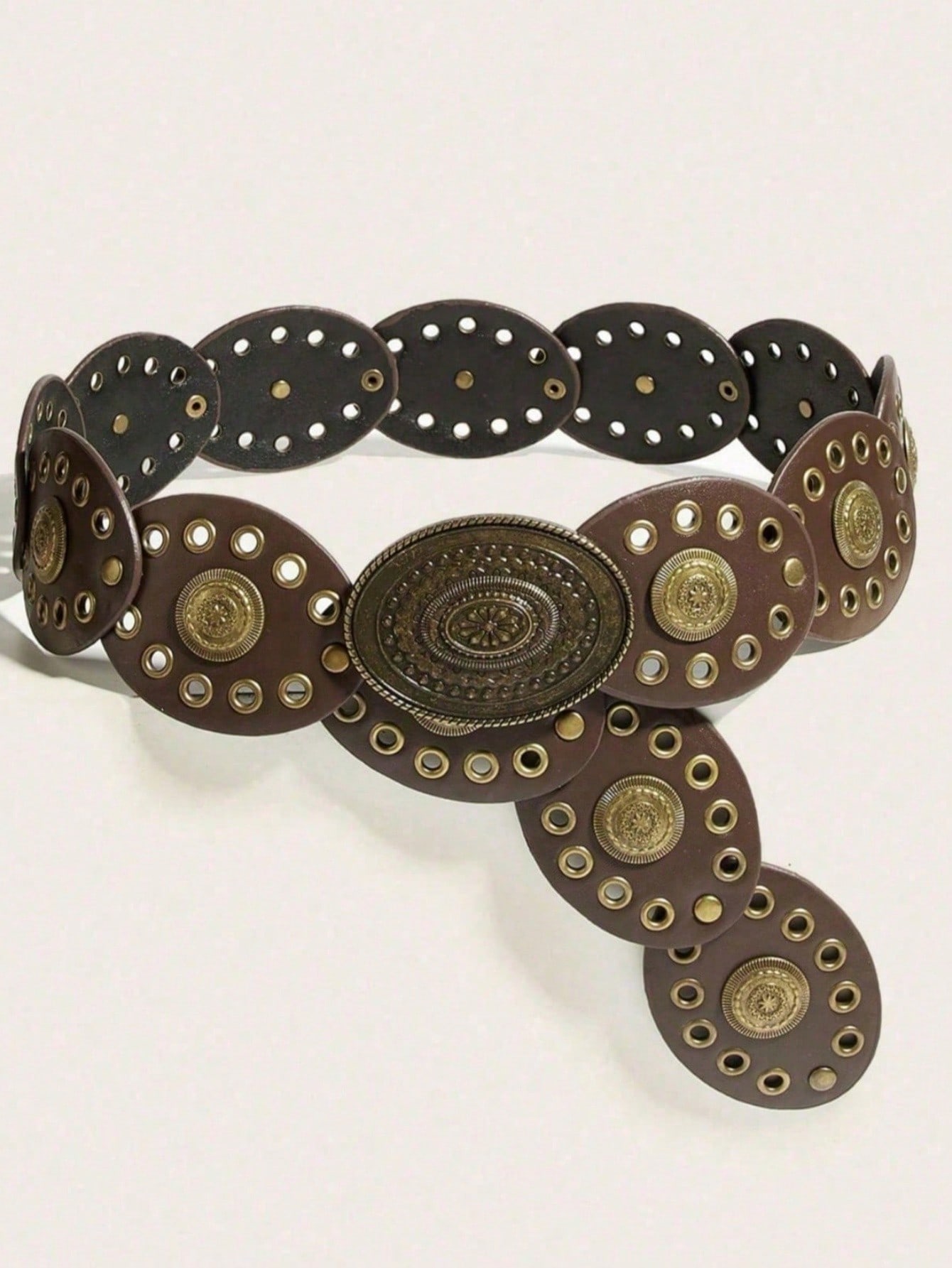 Ceinture femme style bohème marron patchwork vintage en métal et PU, convient pour les