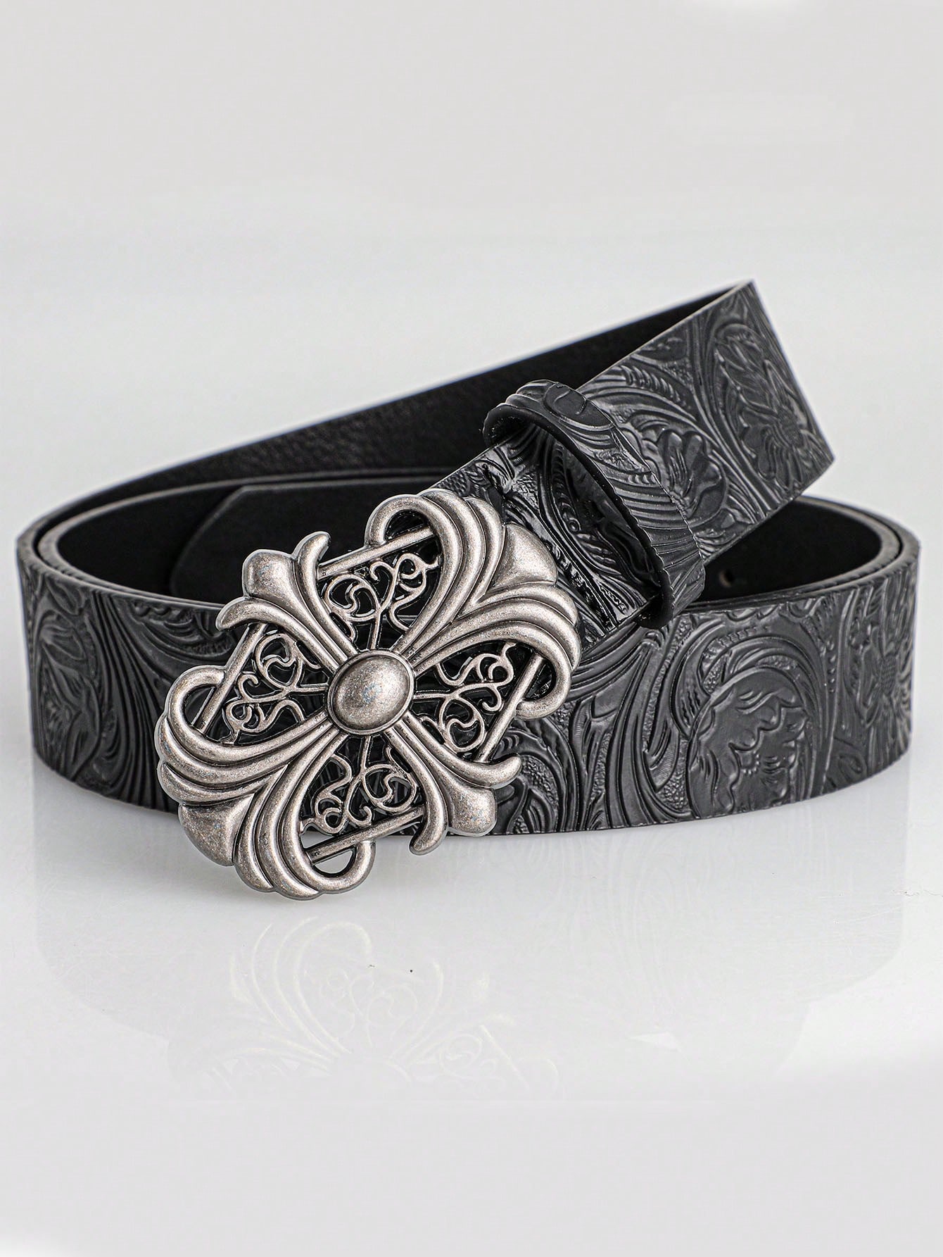 Ceinture vintage pour homme, style bohème - Ceinture en faux noir avec boucle ajourée — vue 3