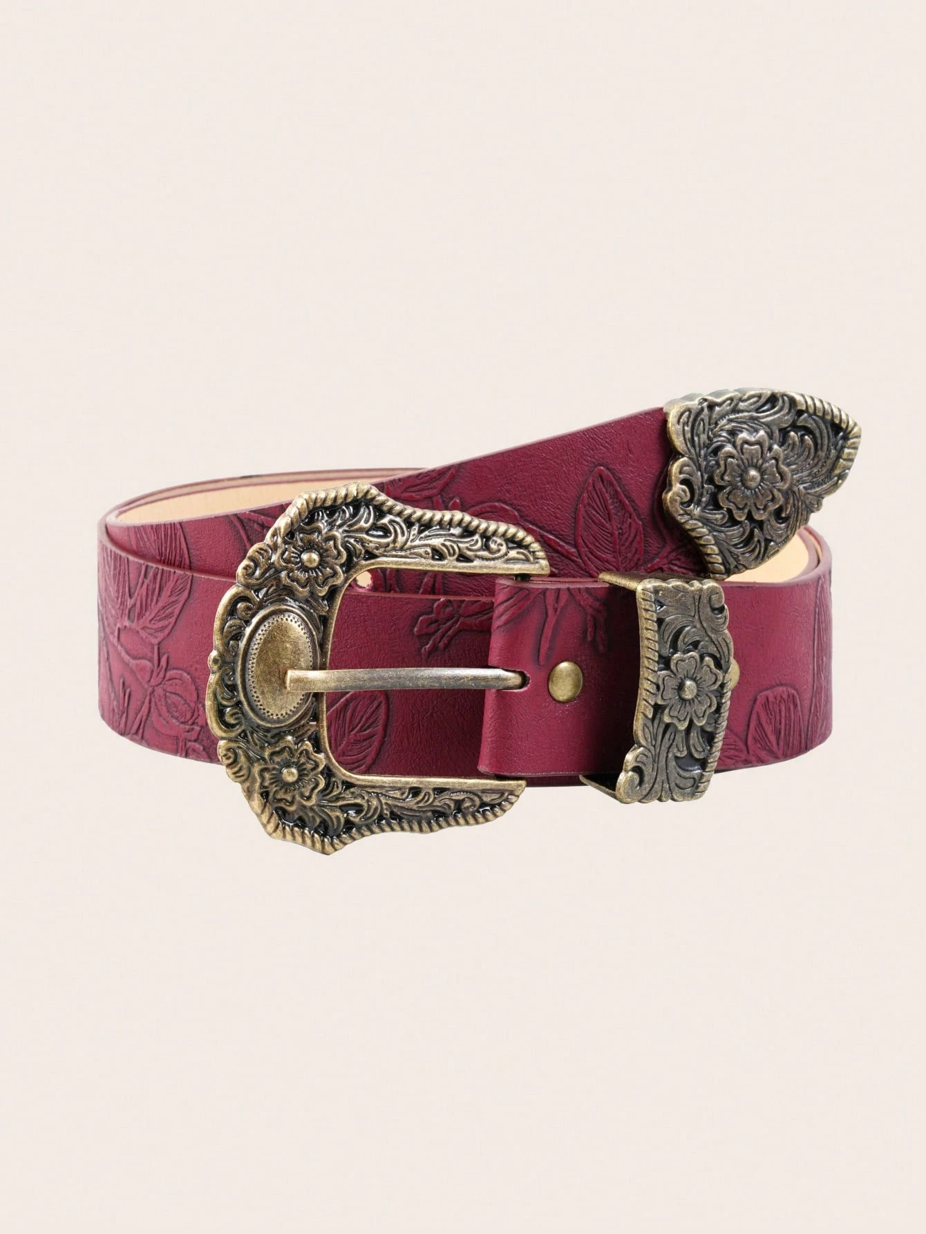 Ceinture rouge à boucle sculptée bohème, PU gaufré de couleur unie vintage, style punk, — vue 9