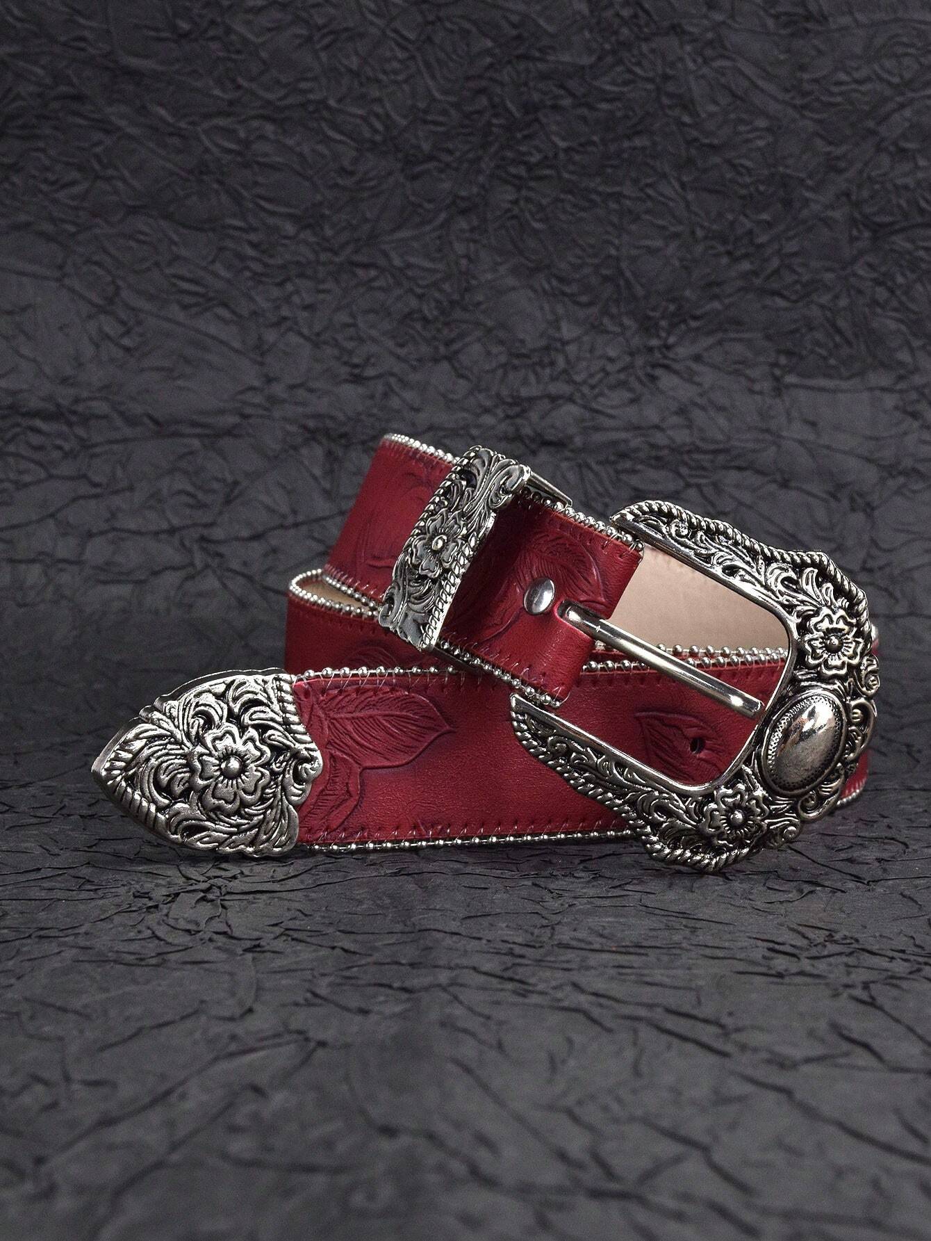 Ceinture rouge à boucle sculptée bohème, PU gaufré de couleur unie vintage, style punk, — vue 11